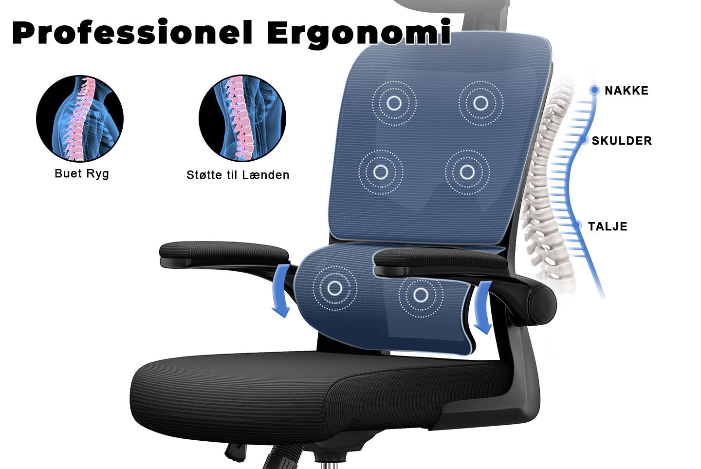 Kontorstol Ergonomisk skrivebordsstol, drejelig computerstol med polstret sædepude til hjemmet/kontoret