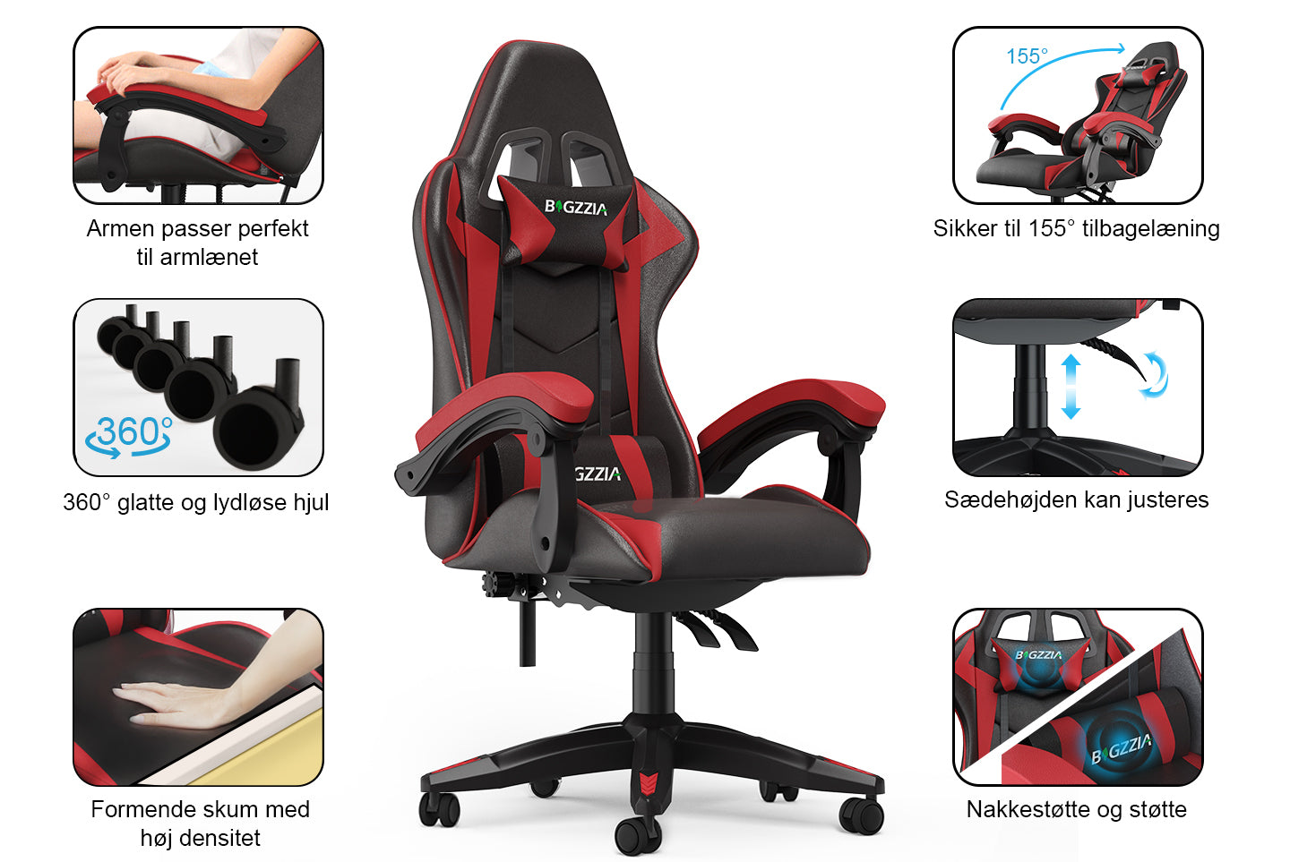 Gamingstol Ergonomisk design med nakkestøtte og lændepude Drejelig kontorstol i PU-læder til hjemmet