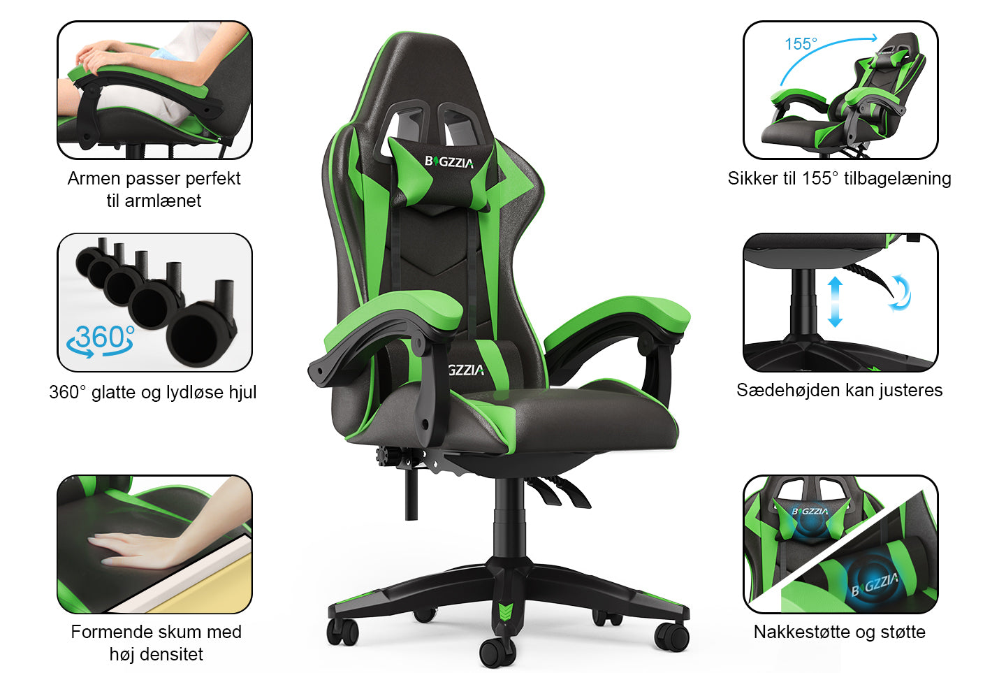 Gamingstol Ergonomisk design med nakkestøtte og lændepude Drejelig kontorstol i PU-læder til hjemmet