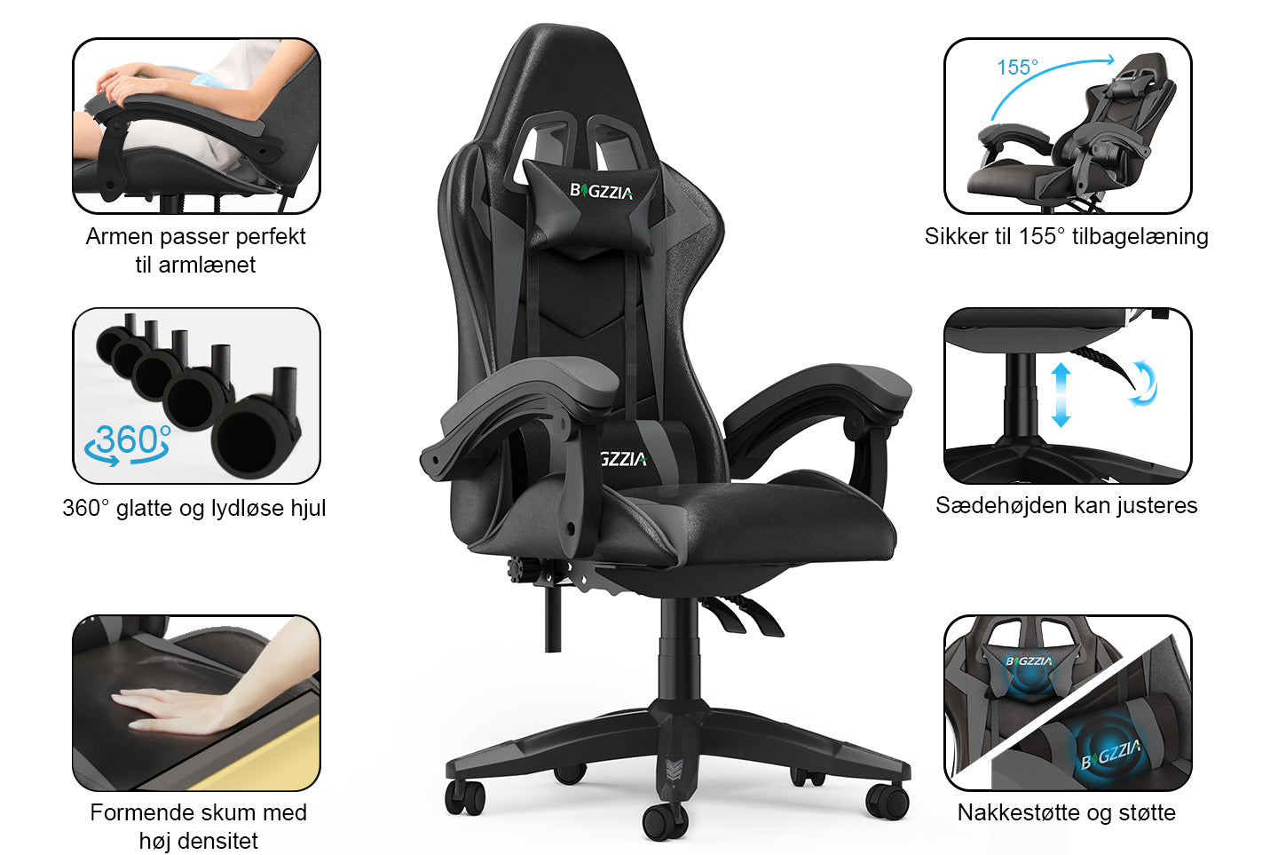 Gamingstol Ergonomisk design med nakkestøtte og lændepude Drejelig kontorstol i PU-læder til hjemmet