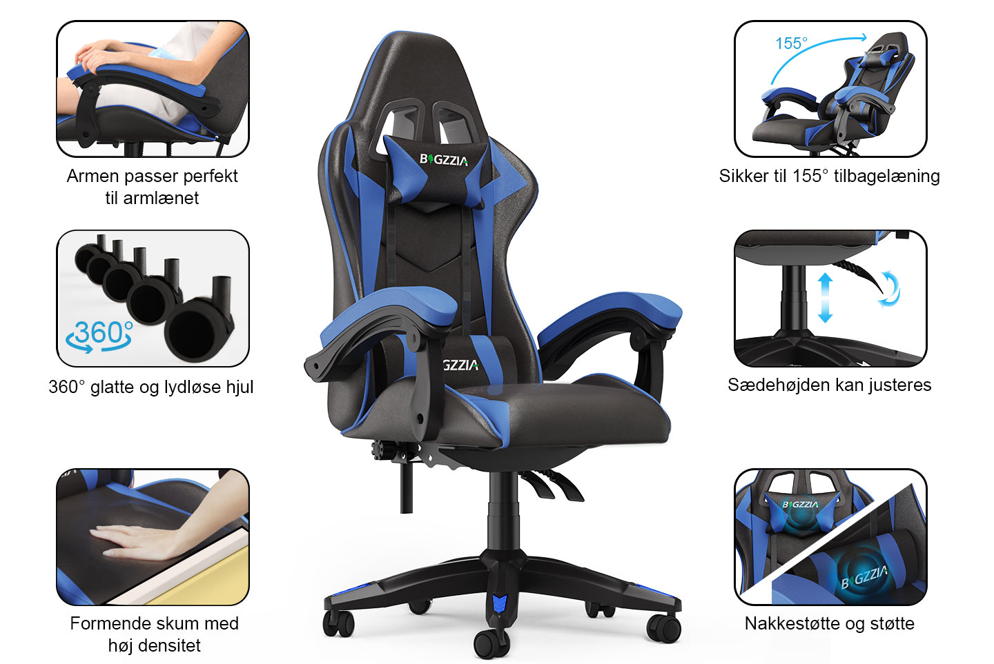 Gamingstol Ergonomisk design med nakkestøtte og lændepude Drejelig kontorstol i PU-læder til hjemmet