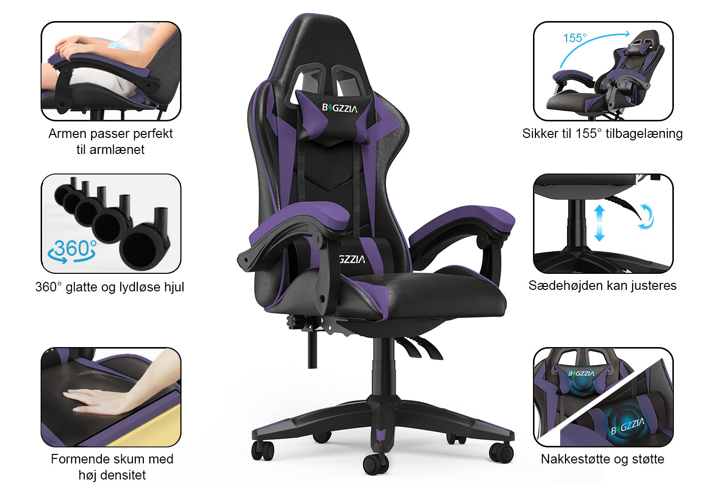 Gamingstol Ergonomisk design med nakkestøtte og lændepude Drejelig kontorstol i PU-læder til hjemmet