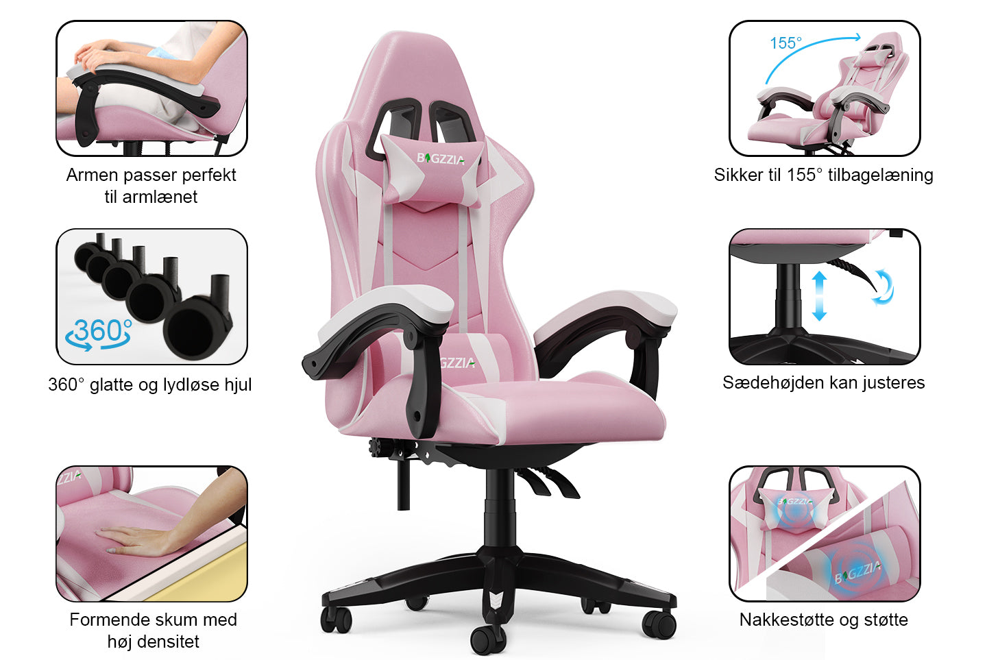 Gamingstol Ergonomisk design med nakkestøtte og lændepude Drejelig kontorstol i PU-læder til hjemmet