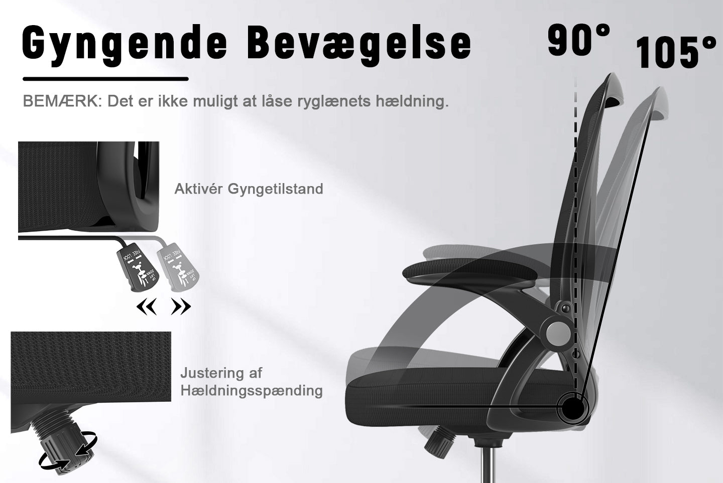 Kontorstol Ergonomisk Skrivebordsstol med 90° Opklappeligt Armlæn, Højdejusterbar Kontorstol