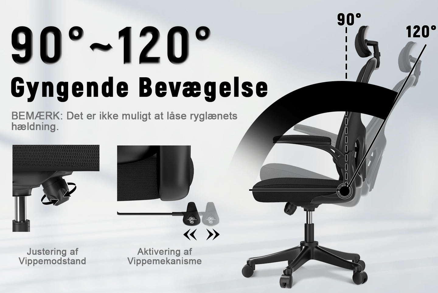 Kontorstol Ergonomisk skrivebordsstol, drejelig computerstol med polstret sædepude til hjemmet/kontoret