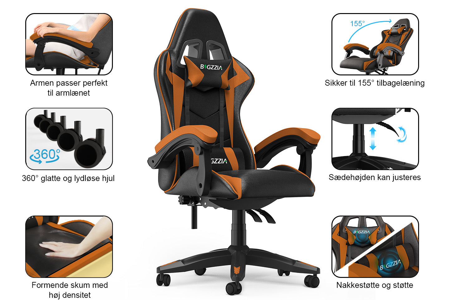 Gamingstol Ergonomisk design med nakkestøtte og lændepude Drejelig kontorstol i PU-læder til hjemmet