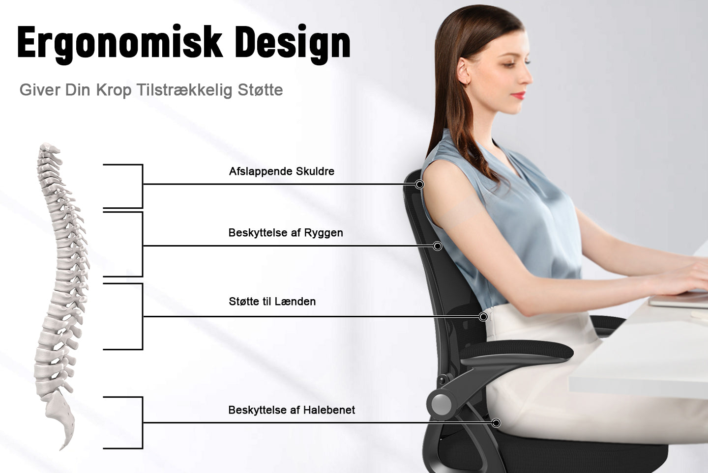Kontorstol Ergonomisk Skrivebordsstol med 90° Opklappeligt Armlæn, Højdejusterbar Kontorstol