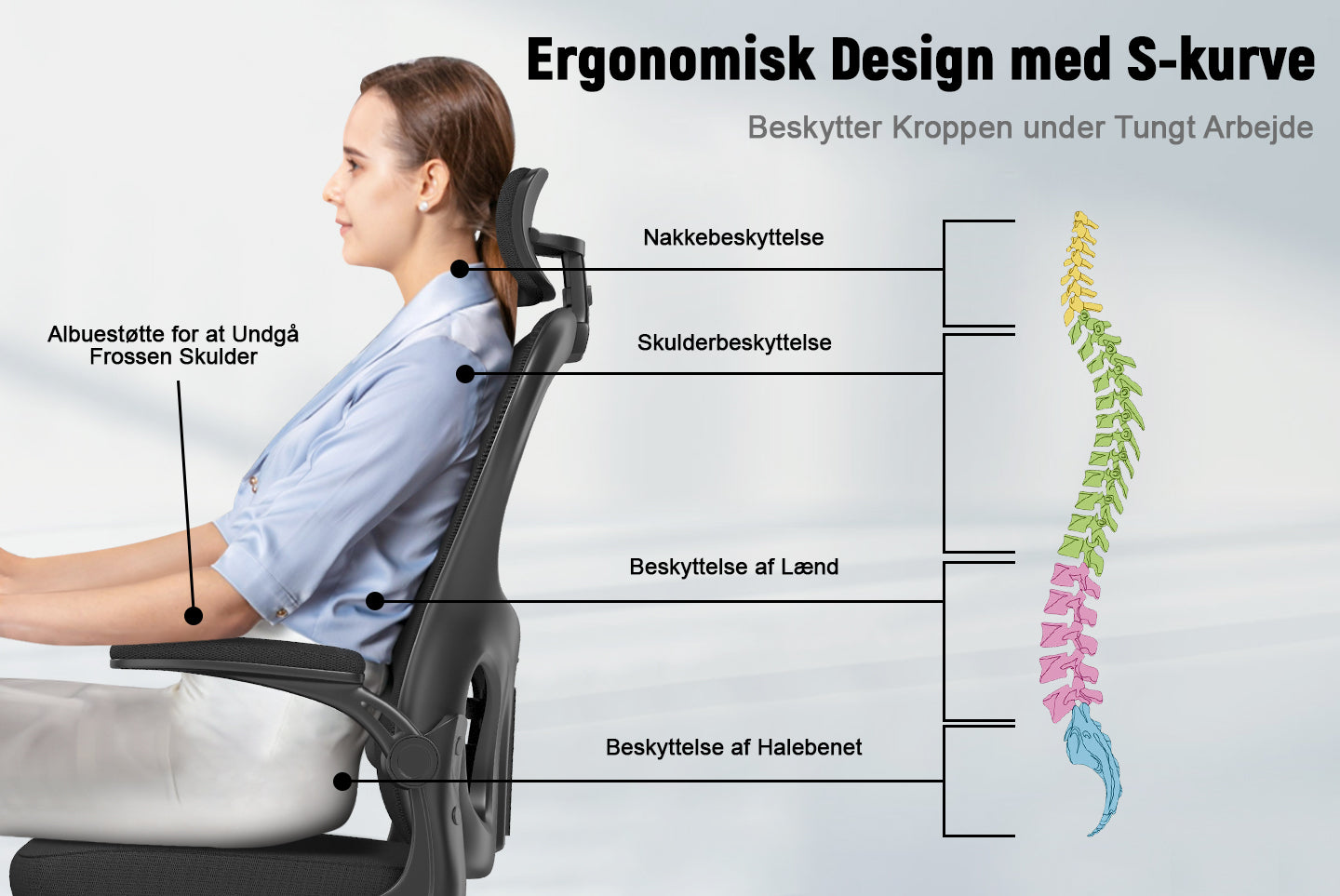 Kontorstol Ergonomisk skrivebordsstol, drejelig computerstol med polstret sædepude til hjemmet/kontoret
