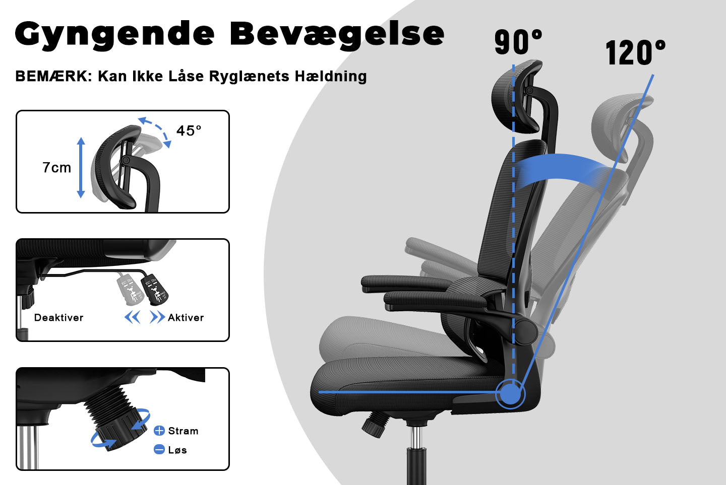 Kontorstol Ergonomisk skrivebordsstol, drejelig computerstol med polstret sædepude til hjemmet/kontoret