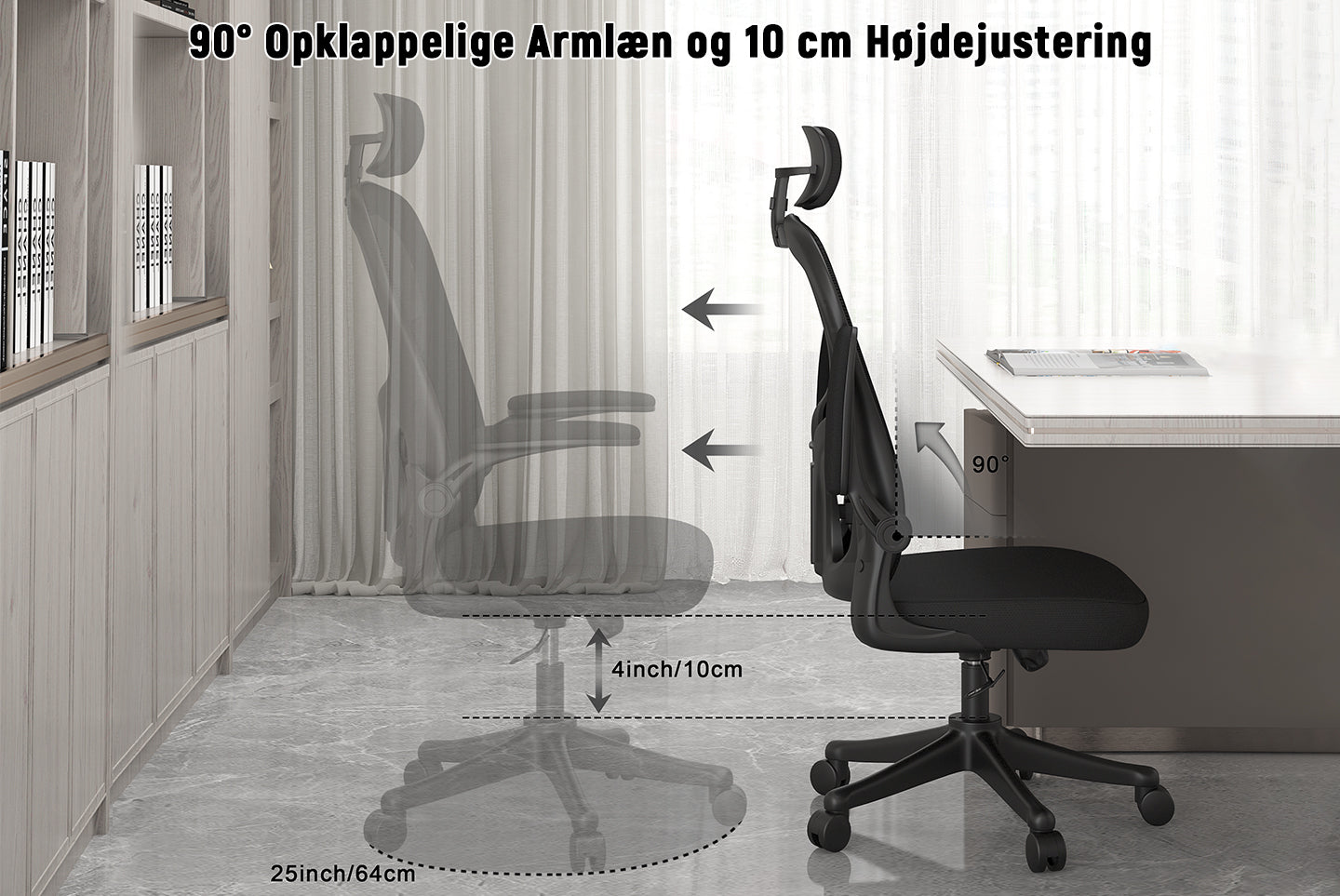 Kontorstol Ergonomisk skrivebordsstol, drejelig computerstol med polstret sædepude til hjemmet/kontoret