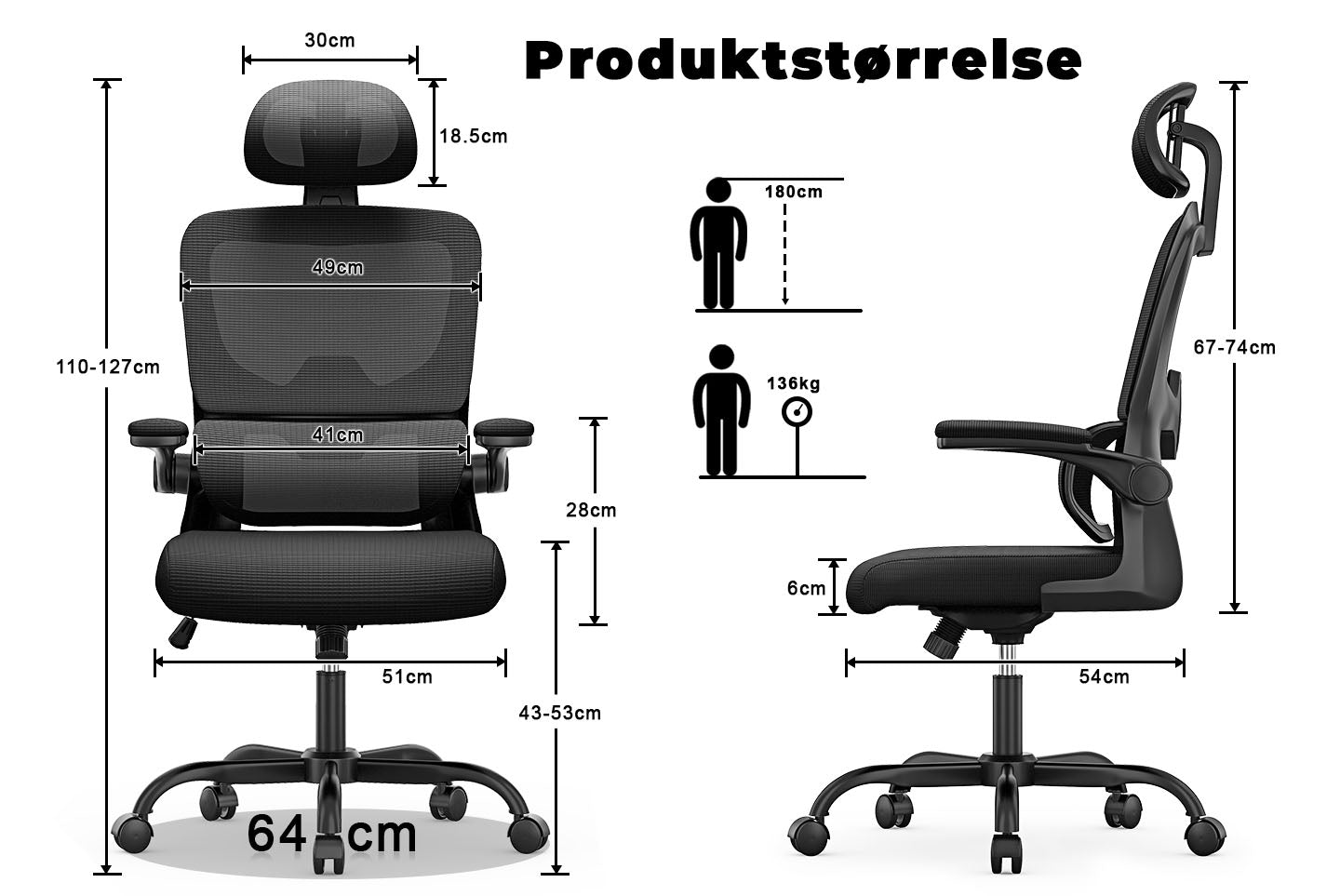 Kontorstol Ergonomisk skrivebordsstol, drejelig computerstol med polstret sædepude til hjemmet/kontoret