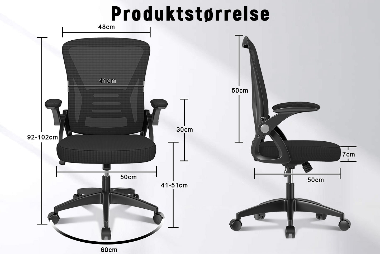 Kontorstol Ergonomisk Skrivebordsstol med 90° Opklappeligt Armlæn, Højdejusterbar Kontorstol