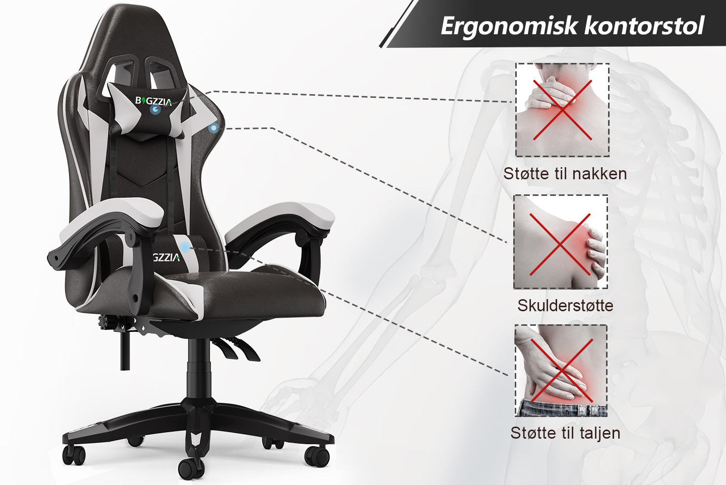 Gamingstol Ergonomisk design med nakkestøtte og lændepude Drejelig kontorstol i PU-læder til hjemmet