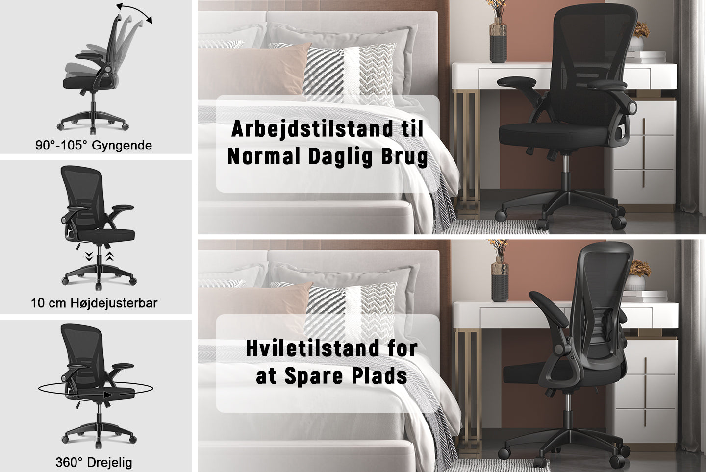 Kontorstol Ergonomisk Skrivebordsstol med 90° Opklappeligt Armlæn, Højdejusterbar Kontorstol