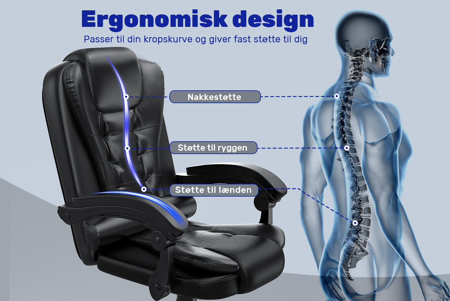 Ergonomisk kontorstol i PU-læder med høj ryg og tilbagelænet vippefunktion til hjemmekontoret