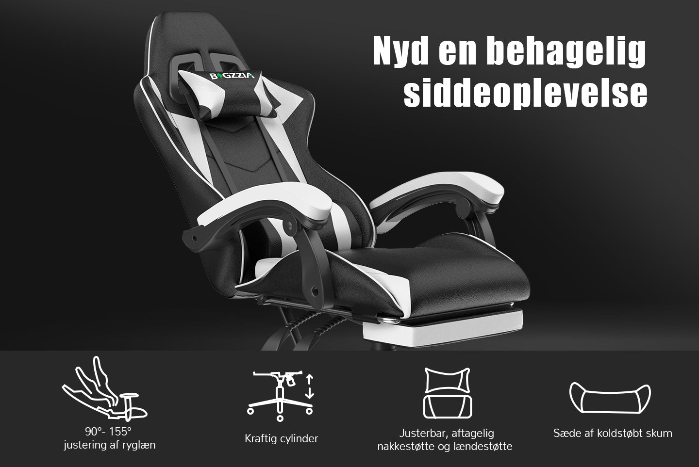 Ergonomisk gamingstol 155° tilbagelænet drejestol med nakkestøtte, fod ...