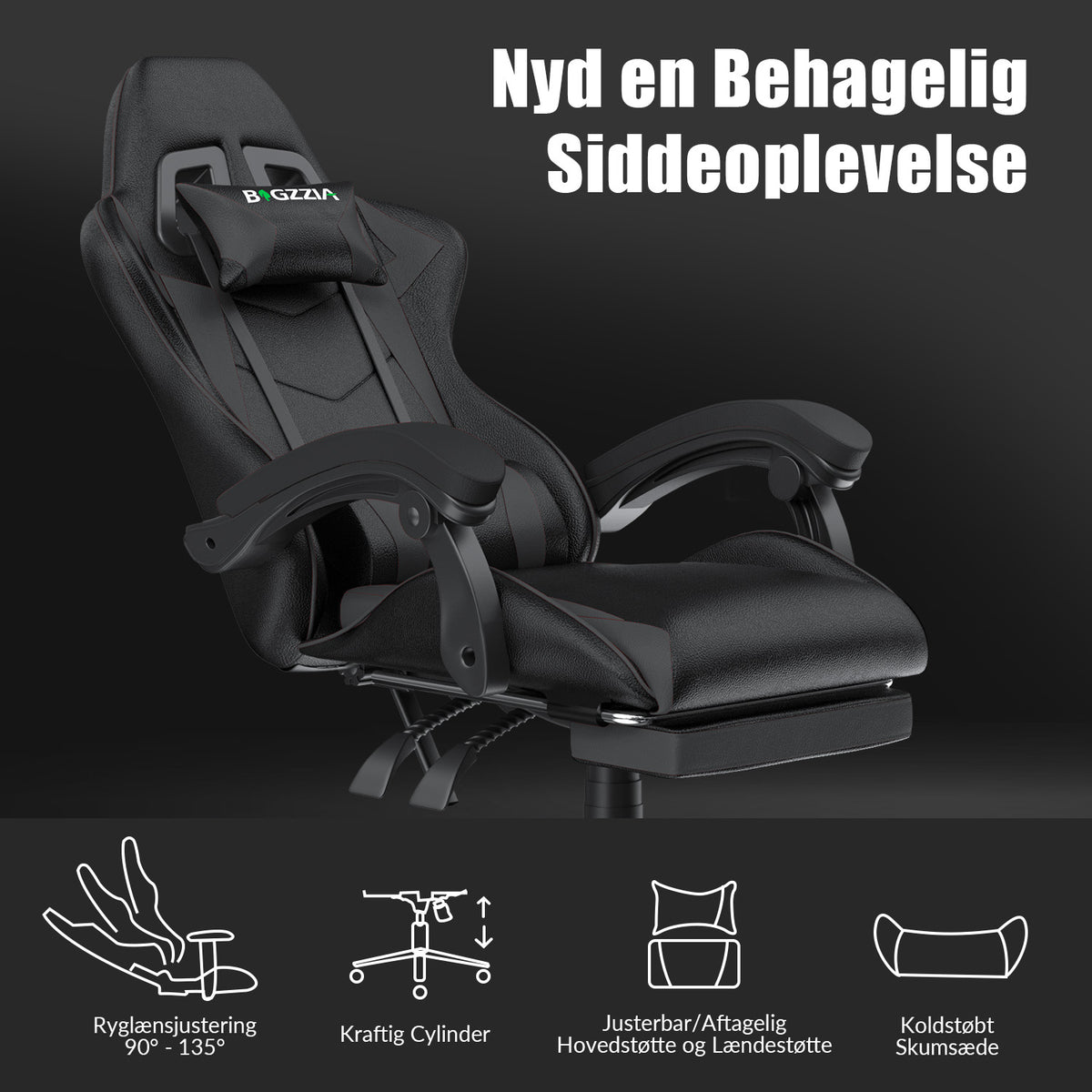 Ergonomisk Gamingstol 135° Lænestol med Drejefunktion, Nakkestøtte, Fodstøtte og Lændestøtte, Kontorstol i PU-læder