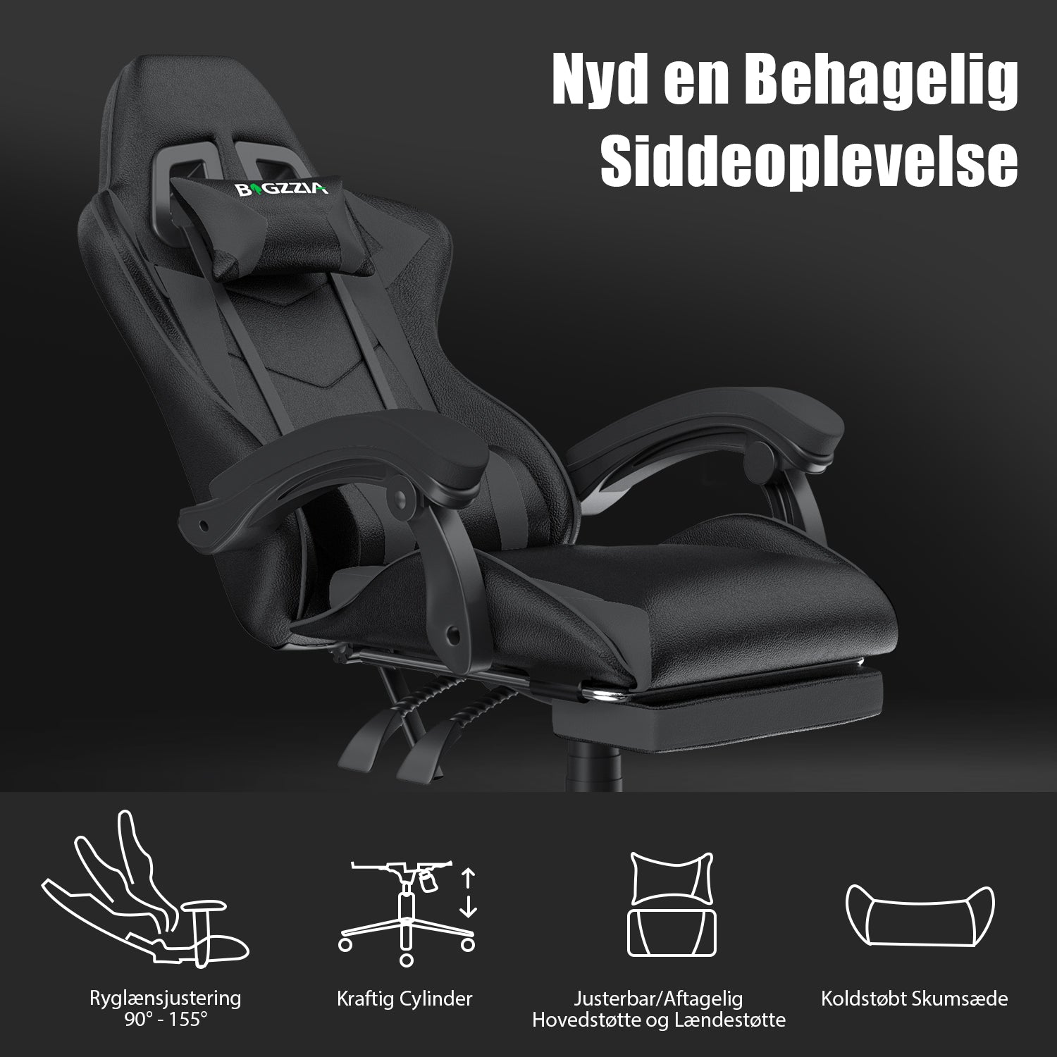 Ergonomisk gamingstol 155° tilbagelænet drejestol med nakkestøtte og lændestøtte PU-læderkontorstol