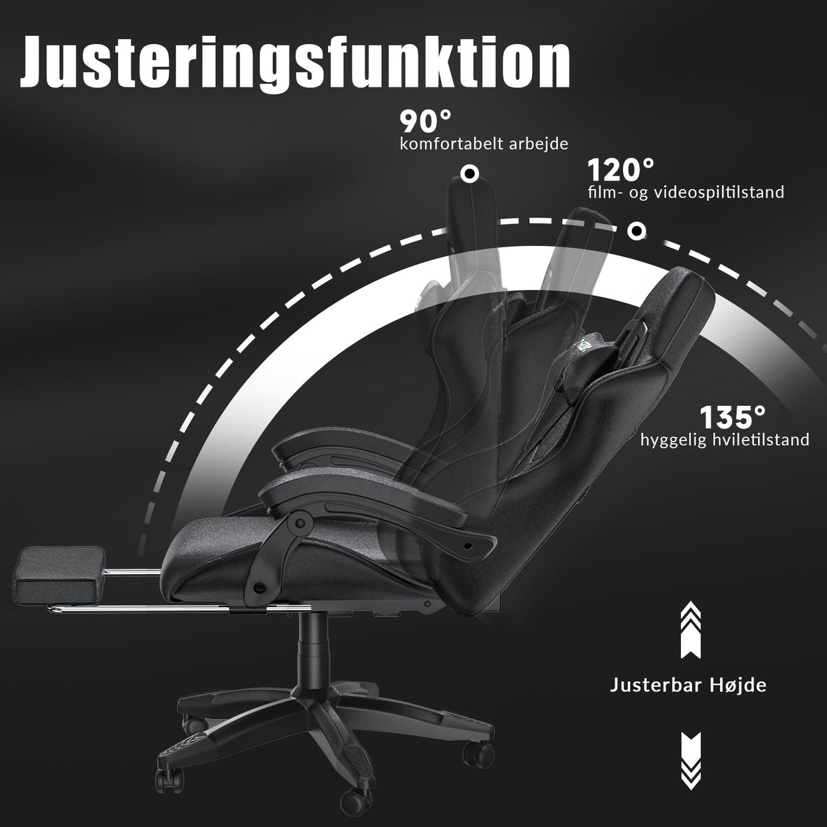Ergonomisk Gamingstol 135° Lænestol med Drejefunktion, Nakkestøtte, Fodstøtte og Lændestøtte, Kontorstol i PU-læder