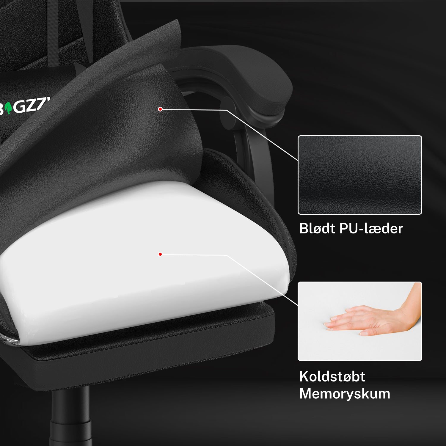 Ergonomisk gamingstol 155° tilbagelænet drejestol med nakkestøtte og lændestøtte PU-læderkontorstol