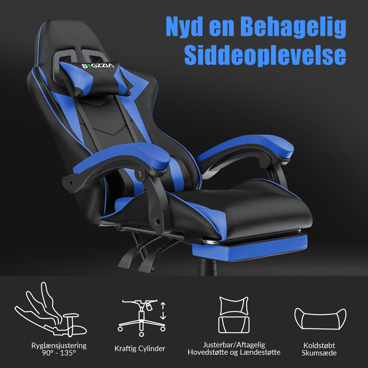 Ergonomisk Gamingstol 135° Lænestol med Drejefunktion, Nakkestøtte, Fodstøtte og Lændestøtte, Kontorstol i PU-læder