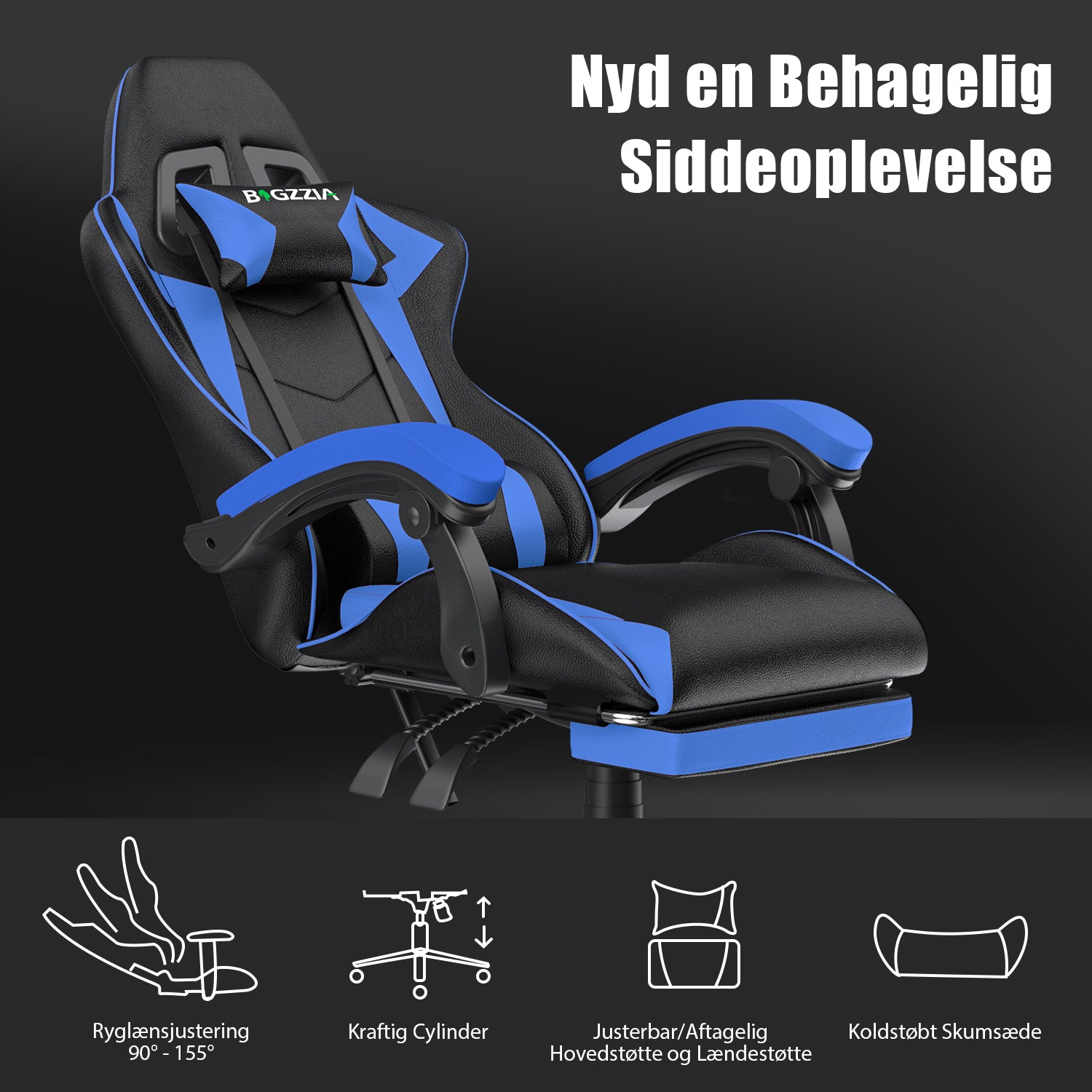 Ergonomisk gamingstol 155° tilbagelænet drejestol med nakkestøtte og lændestøtte PU-læderkontorstol
