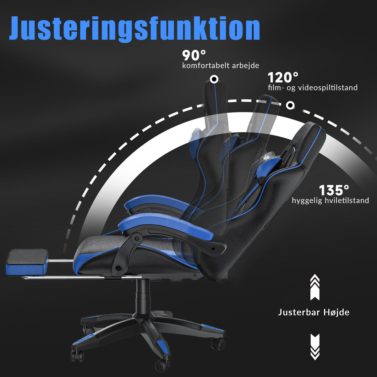 Ergonomisk Gamingstol 135° Lænestol med Drejefunktion, Nakkestøtte, Fodstøtte og Lændestøtte, Kontorstol i PU-læder