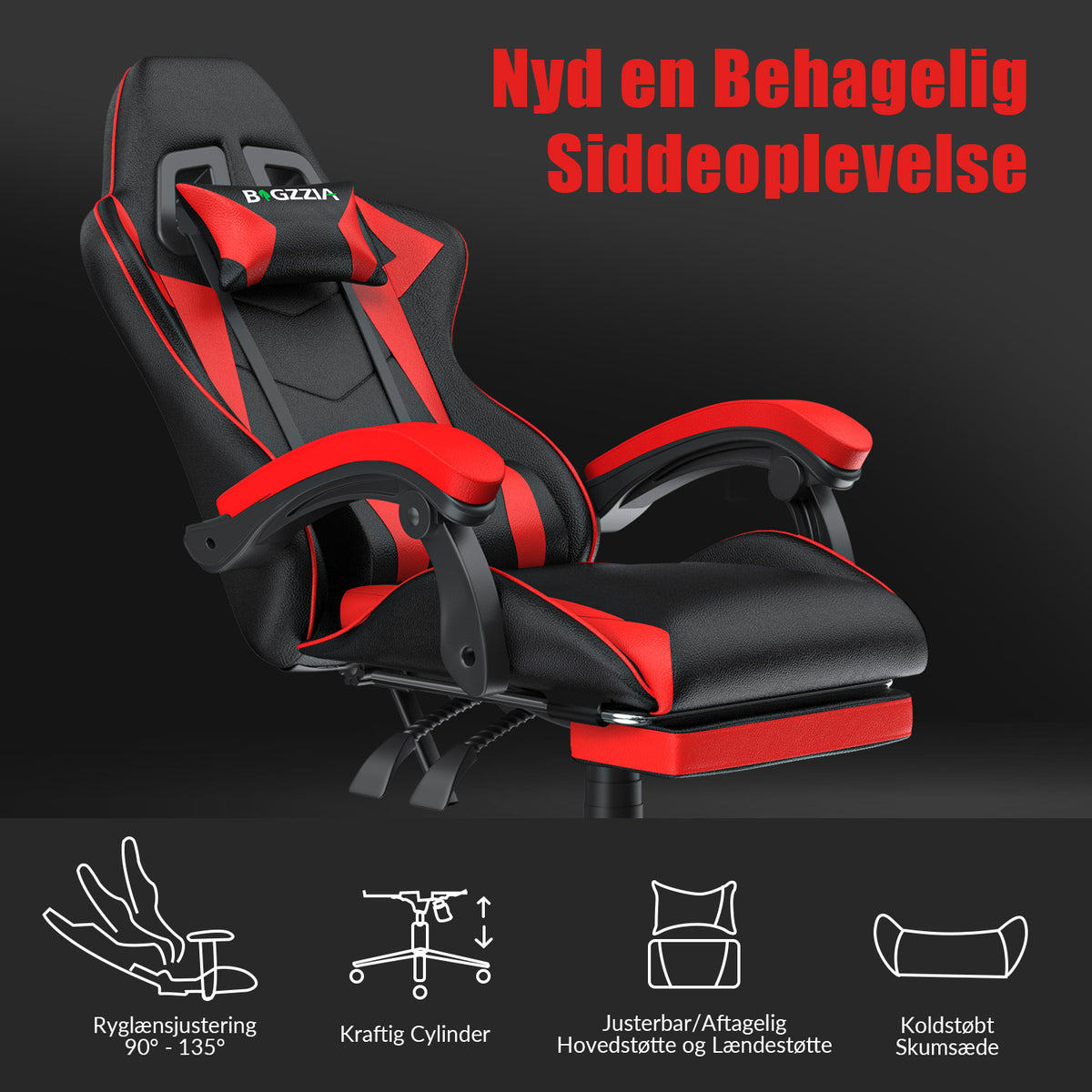 Ergonomisk Gamingstol 135° Lænestol med Drejefunktion, Nakkestøtte, Fodstøtte og Lændestøtte, Kontorstol i PU-læder