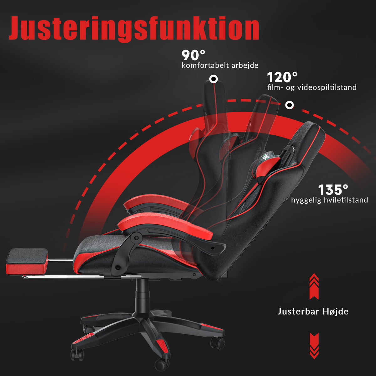 Ergonomisk Gamingstol 135° Lænestol med Drejefunktion, Nakkestøtte, Fodstøtte og Lændestøtte, Kontorstol i PU-læder