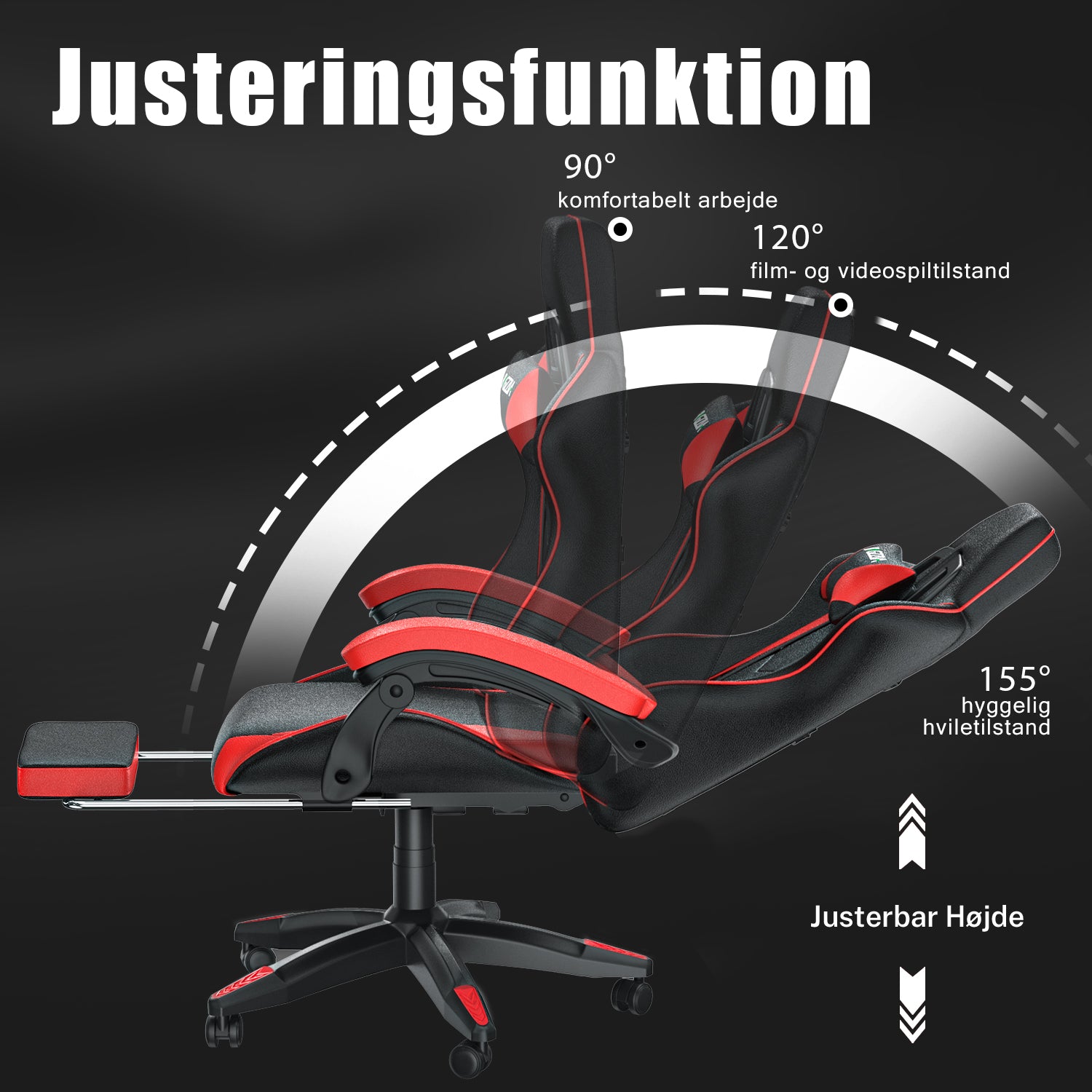 Ergonomisk gamingstol 155° tilbagelænet drejestol med nakkestøtte og lændestøtte PU-læderkontorstol