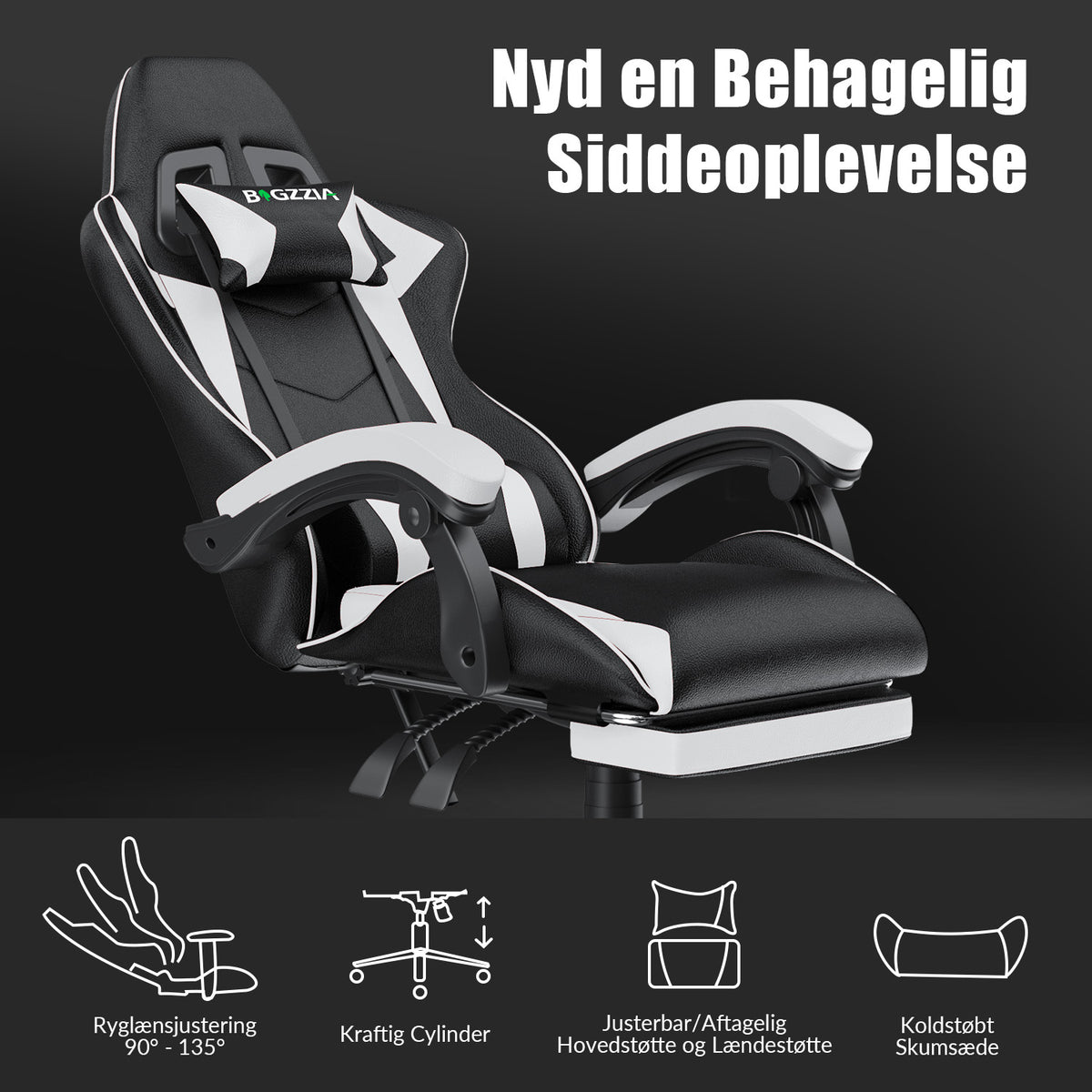 Ergonomisk Gamingstol 135° Lænestol med Drejefunktion, Nakkestøtte, Fodstøtte og Lændestøtte, Kontorstol i PU-læder