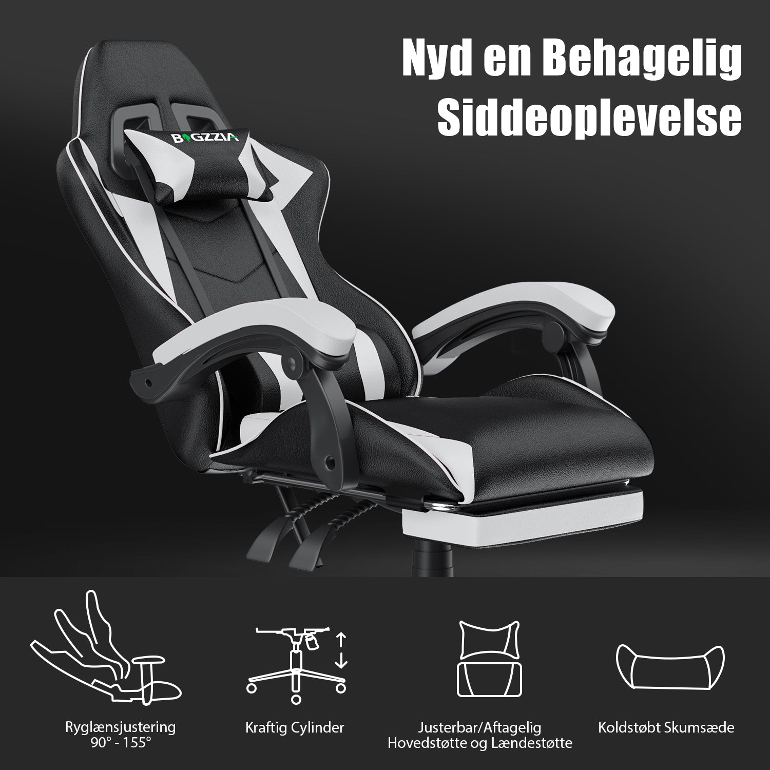 Ergonomisk gamingstol 155° tilbagelænet drejestol med nakkestøtte og lændestøtte PU-læderkontorstol