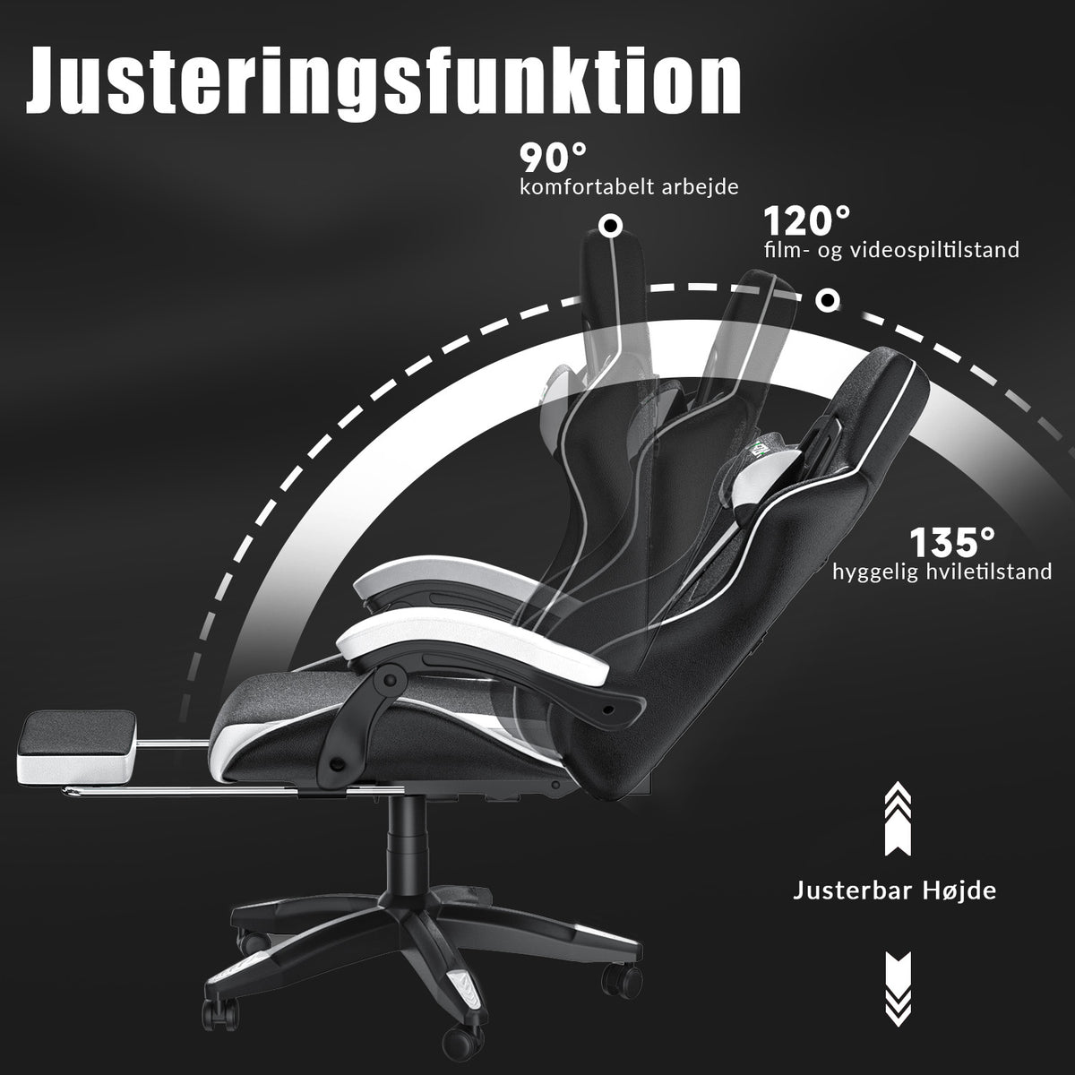 Ergonomisk Gamingstol 135° Lænestol med Drejefunktion, Nakkestøtte, Fodstøtte og Lændestøtte, Kontorstol i PU-læder