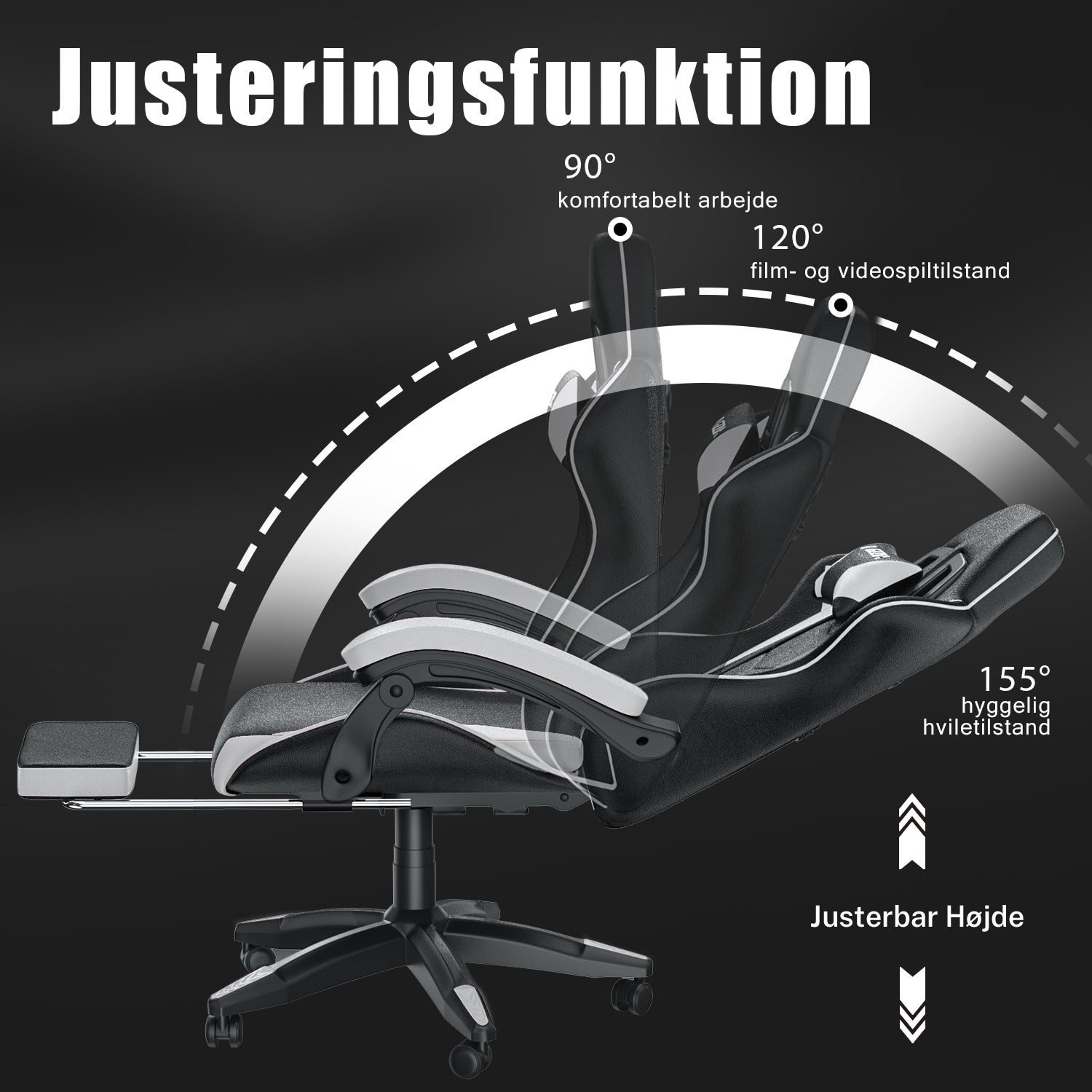 Ergonomisk gamingstol 155° tilbagelænet drejestol med nakkestøtte og lændestøtte PU-læderkontorstol