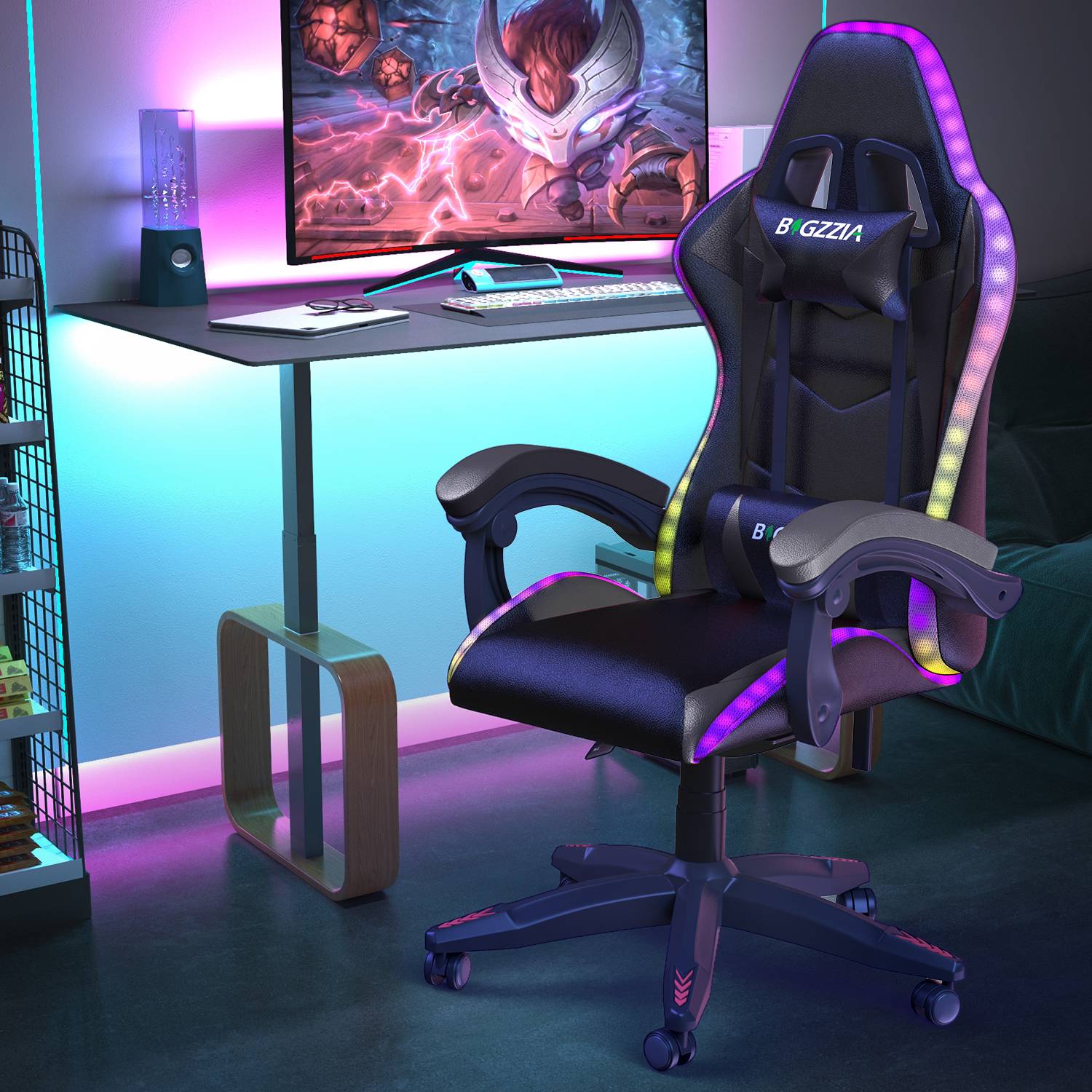 Ergonomisk Spillestol med RGB LED-lys, Tilbagelænet, Nakkestøtte og Lændestøtte Racing Stil