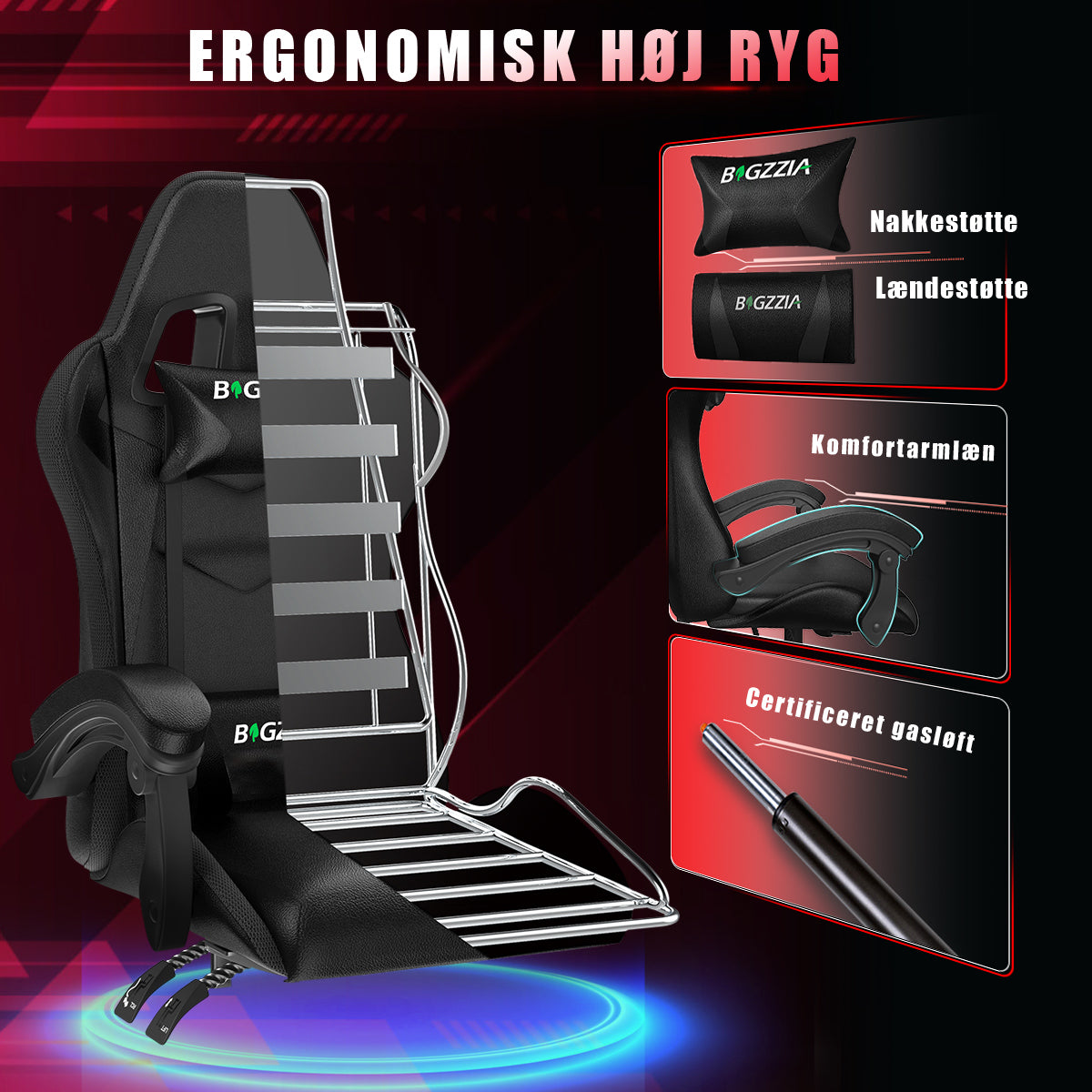 Ergonomisk Spillestol med RGB LED-lys, Tilbagelænet, Nakkestøtte og Lændestøtte Racing Stil