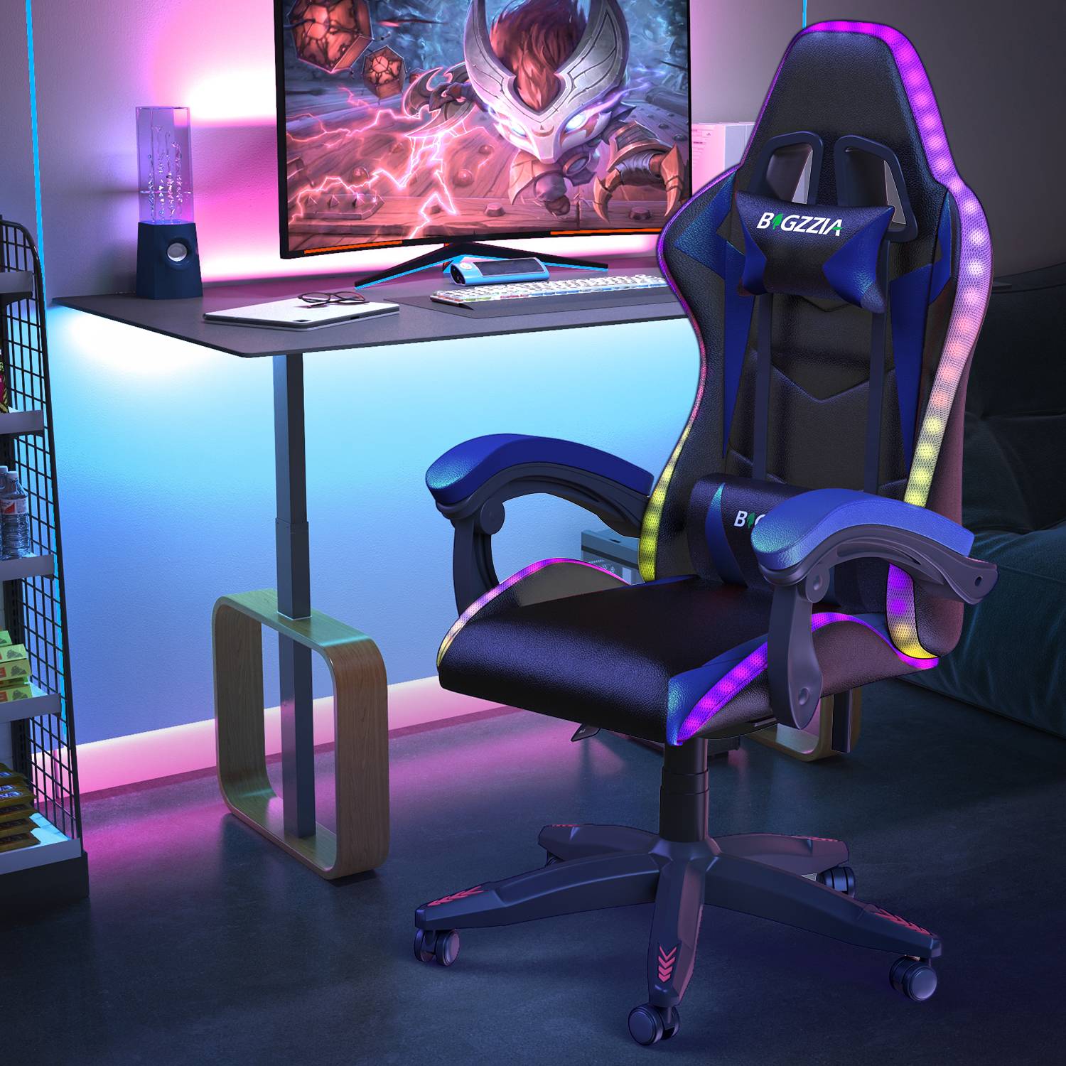 Ergonomisk Spillestol med RGB LED-lys, Tilbagelænet, Nakkestøtte og Lændestøtte Racing Stil