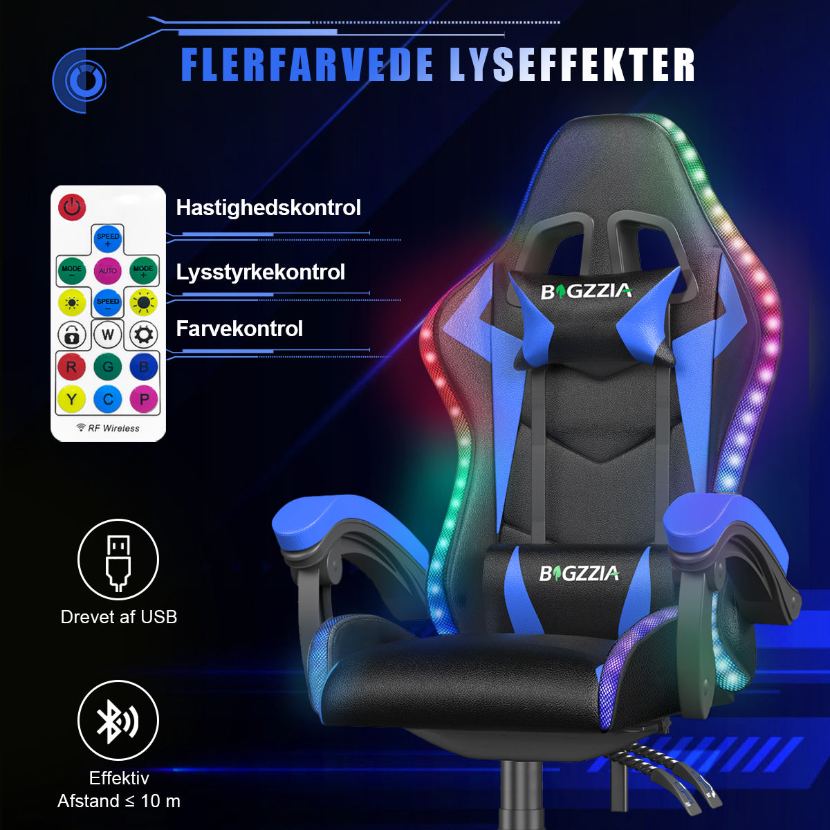 Ergonomisk Spillestol med RGB LED-lys, Tilbagelænet, Nakkestøtte og Lændestøtte Racing Stil