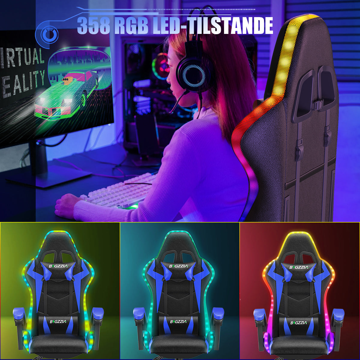 Ergonomisk Spillestol med RGB LED-lys, Tilbagelænet, Nakkestøtte og Lændestøtte Racing Stil