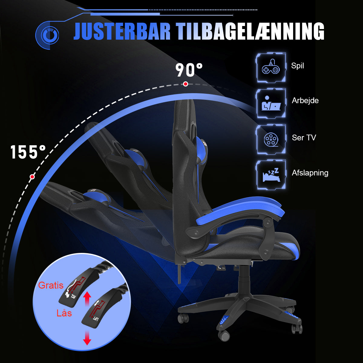 Ergonomisk Spillestol med RGB LED-lys, Tilbagelænet, Nakkestøtte og Lændestøtte Racing Stil