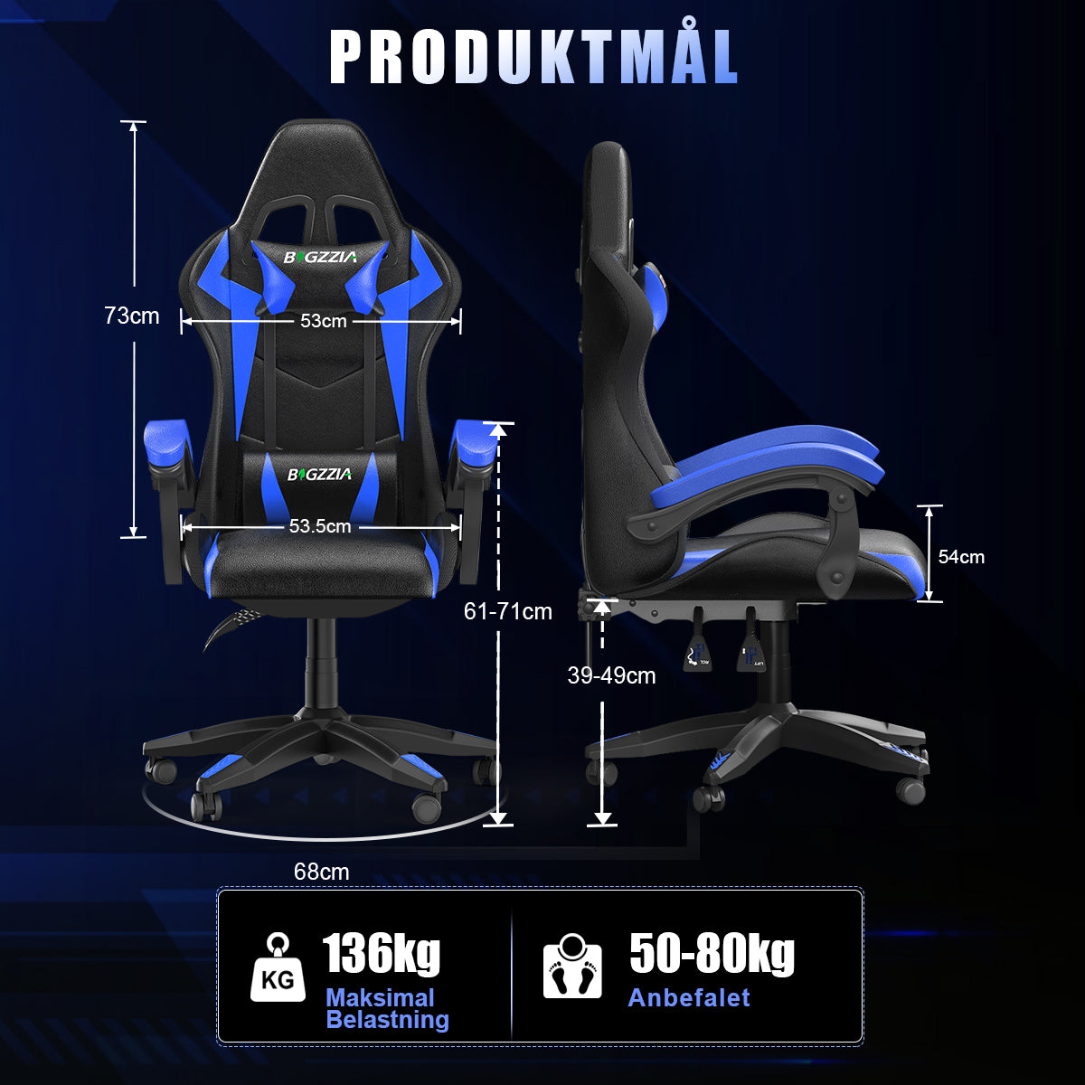 Ergonomisk Spillestol med RGB LED-lys, Tilbagelænet, Nakkestøtte og Lændestøtte Racing Stil