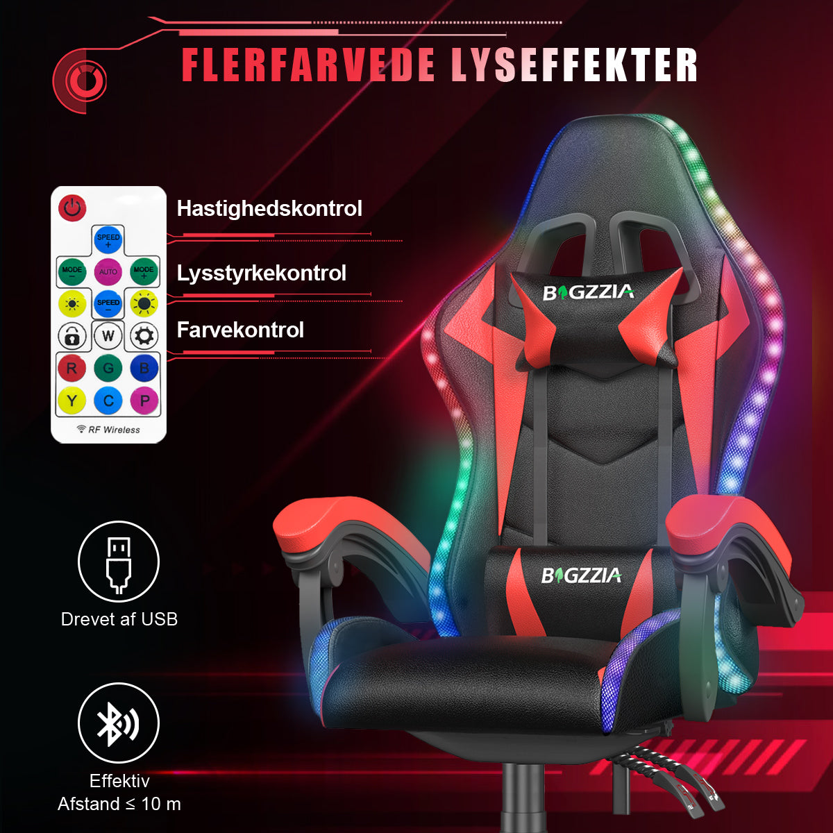 Ergonomisk Spillestol med RGB LED-lys, Tilbagelænet, Nakkestøtte og Lændestøtte Racing Stil
