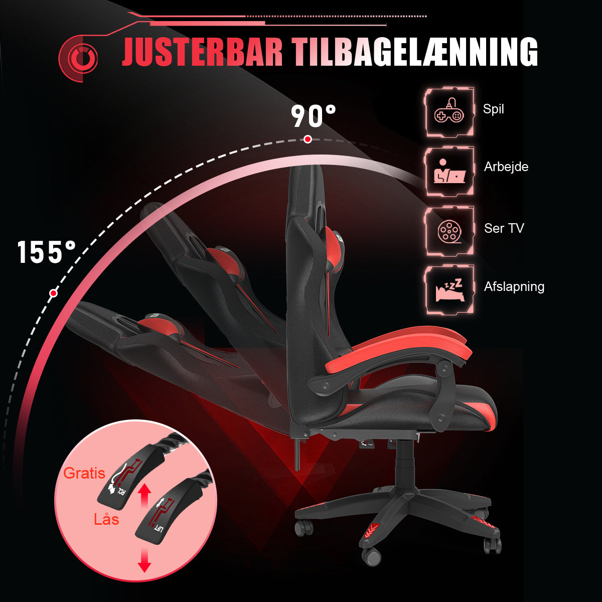 Ergonomisk Spillestol med RGB LED-lys, Tilbagelænet, Nakkestøtte og Lændestøtte Racing Stil