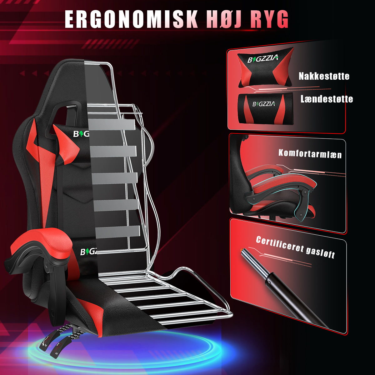 Ergonomisk Spillestol med RGB LED-lys, Tilbagelænet, Nakkestøtte og Lændestøtte Racing Stil
