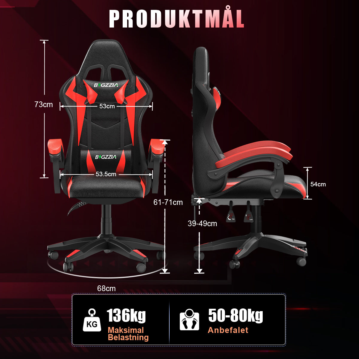 Ergonomisk Spillestol med RGB LED-lys, Tilbagelænet, Nakkestøtte og Lændestøtte Racing Stil