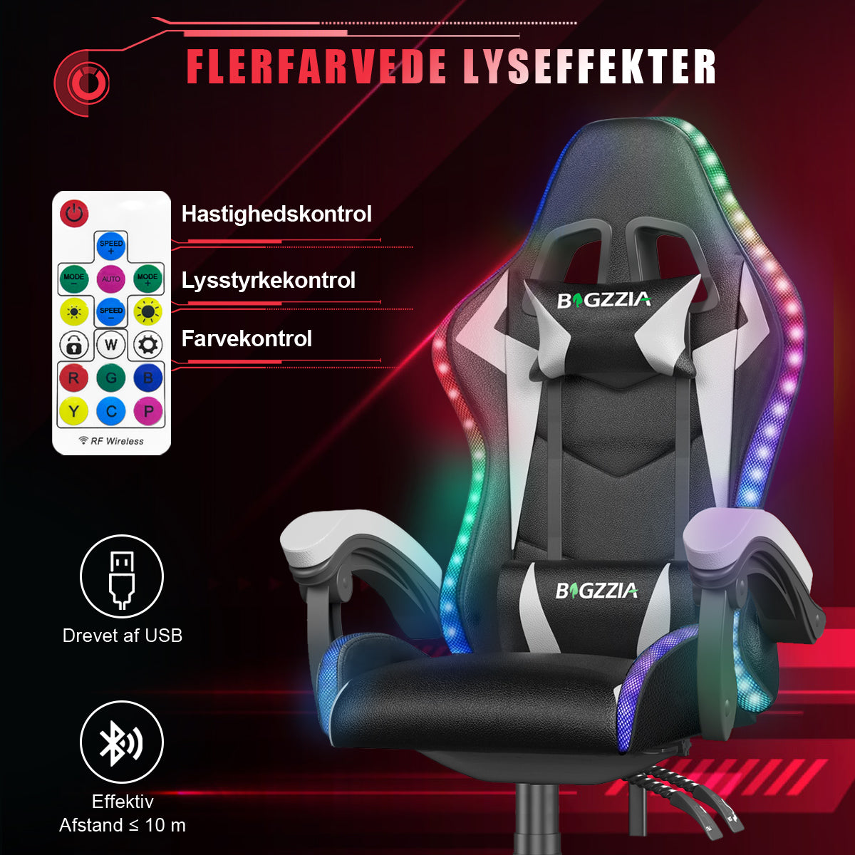 Ergonomisk Spillestol med RGB LED-lys, Tilbagelænet, Nakkestøtte og Lændestøtte Racing Stil