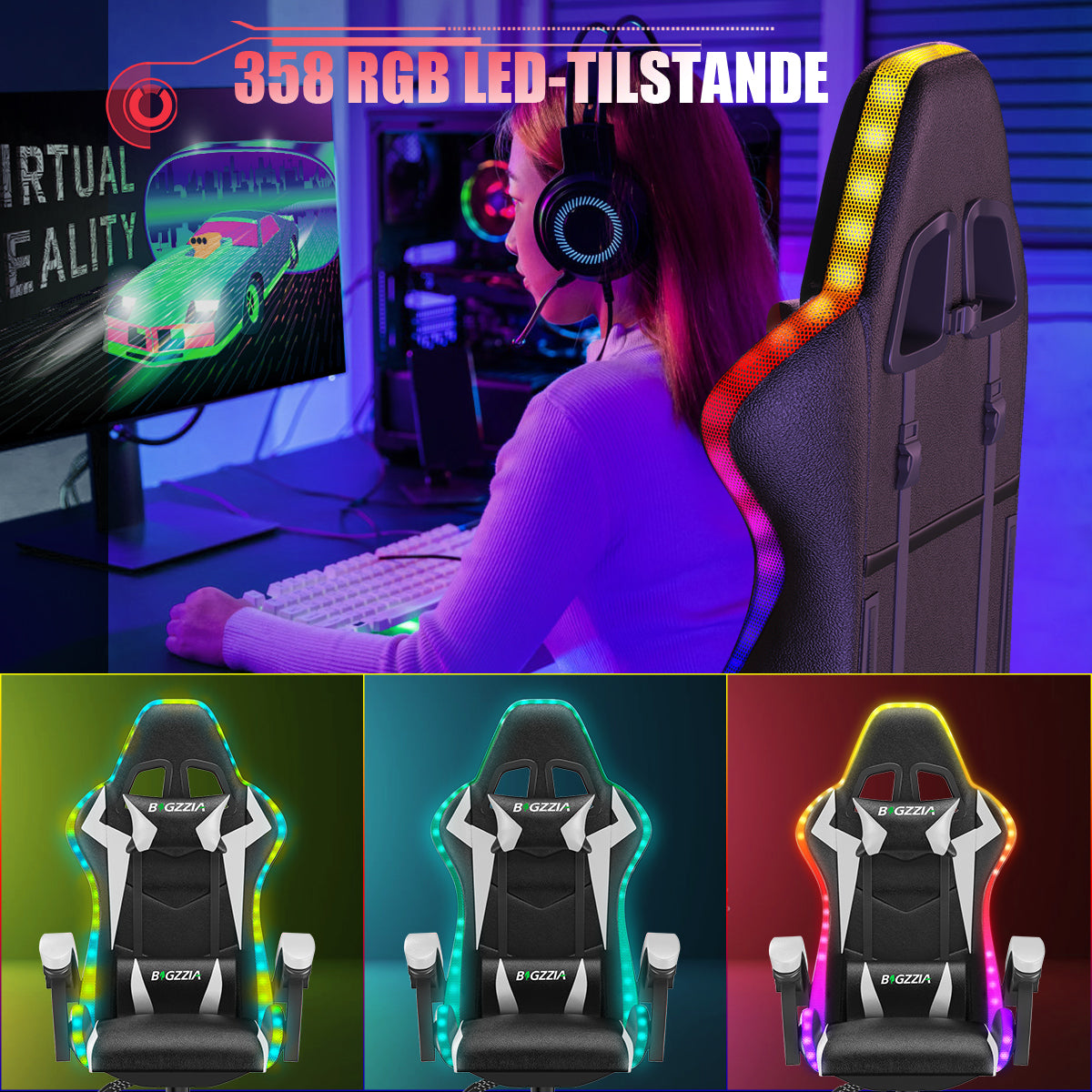 Ergonomisk Spillestol med RGB LED-lys, Tilbagelænet, Nakkestøtte og Lændestøtte Racing Stil