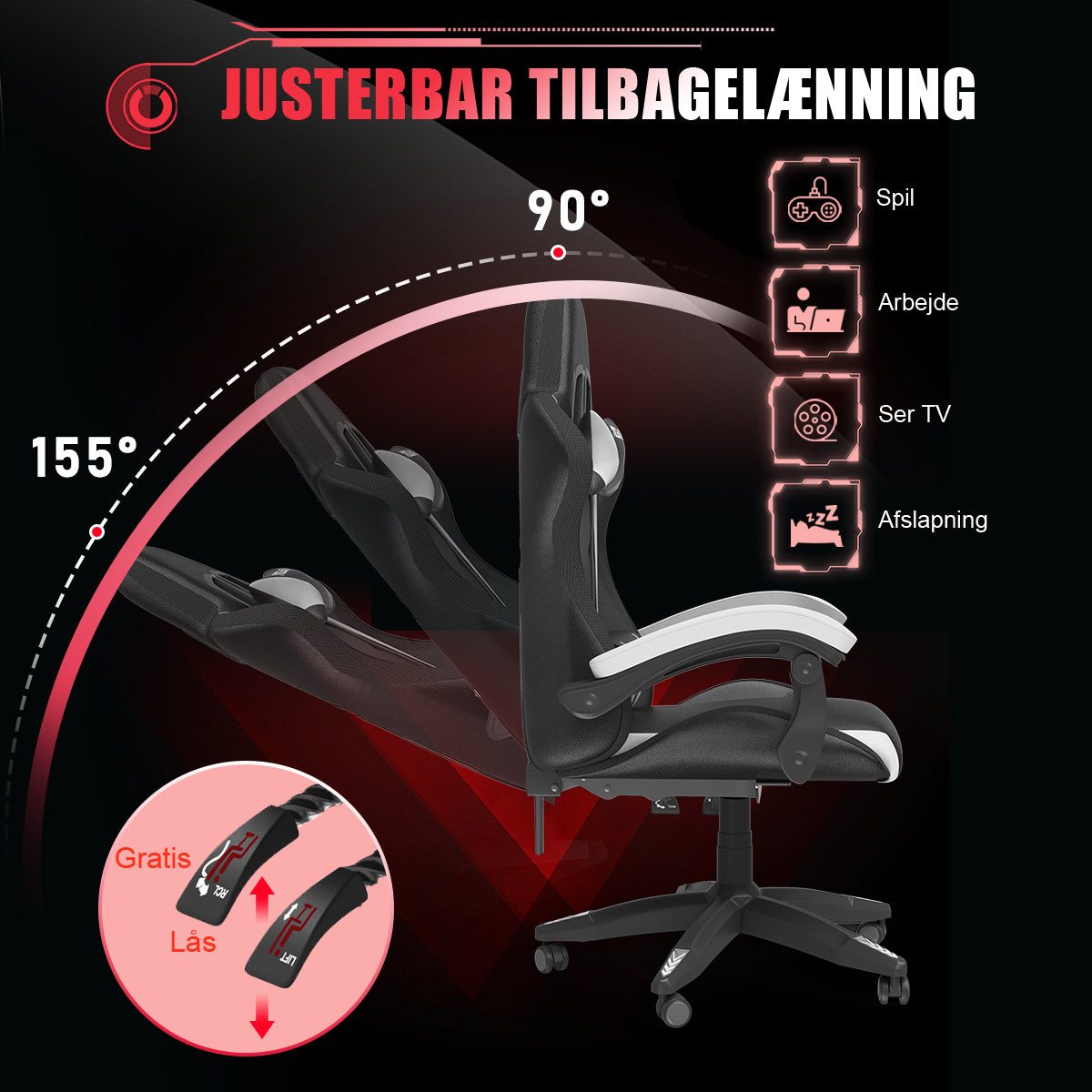 Ergonomisk Spillestol med RGB LED-lys, Tilbagelænet, Nakkestøtte og Lændestøtte Racing Stil