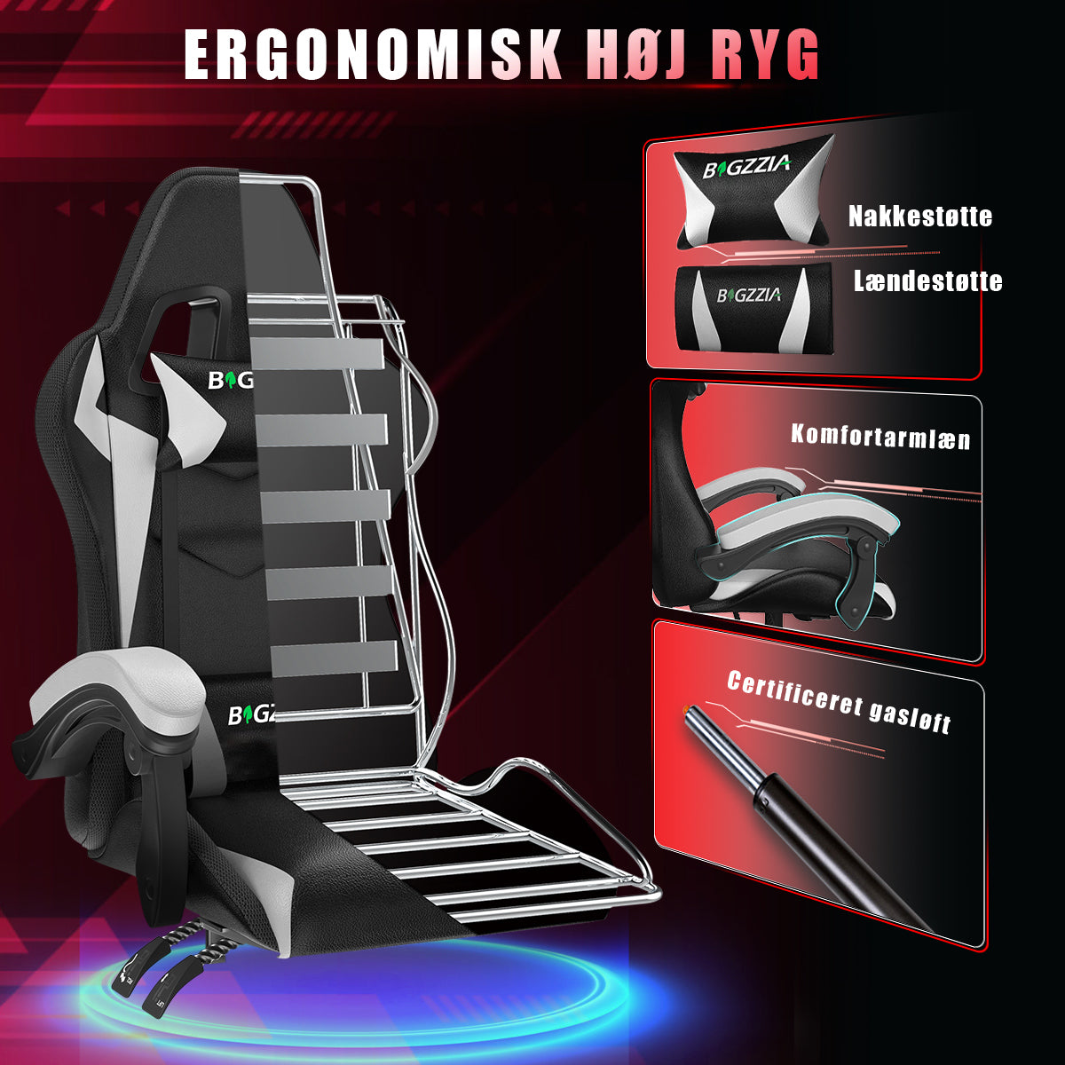 Ergonomisk Spillestol med RGB LED-lys, Tilbagelænet, Nakkestøtte og Lændestøtte Racing Stil
