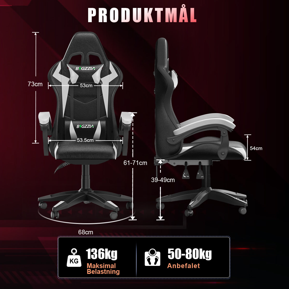 Ergonomisk Spillestol med RGB LED-lys, Tilbagelænet, Nakkestøtte og Lændestøtte Racing Stil